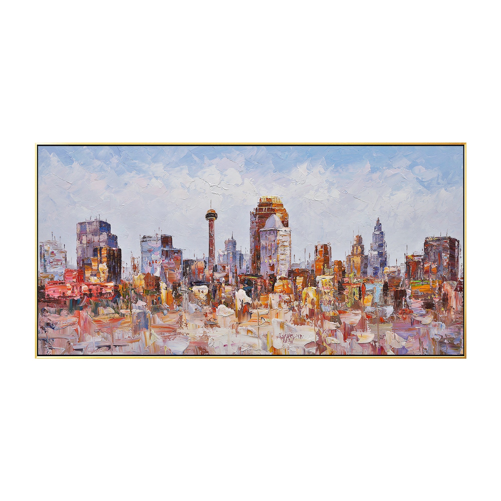 San Antonio skyline painting, abstract coral pink palette knife art showcasing the city's vibrant skyline.