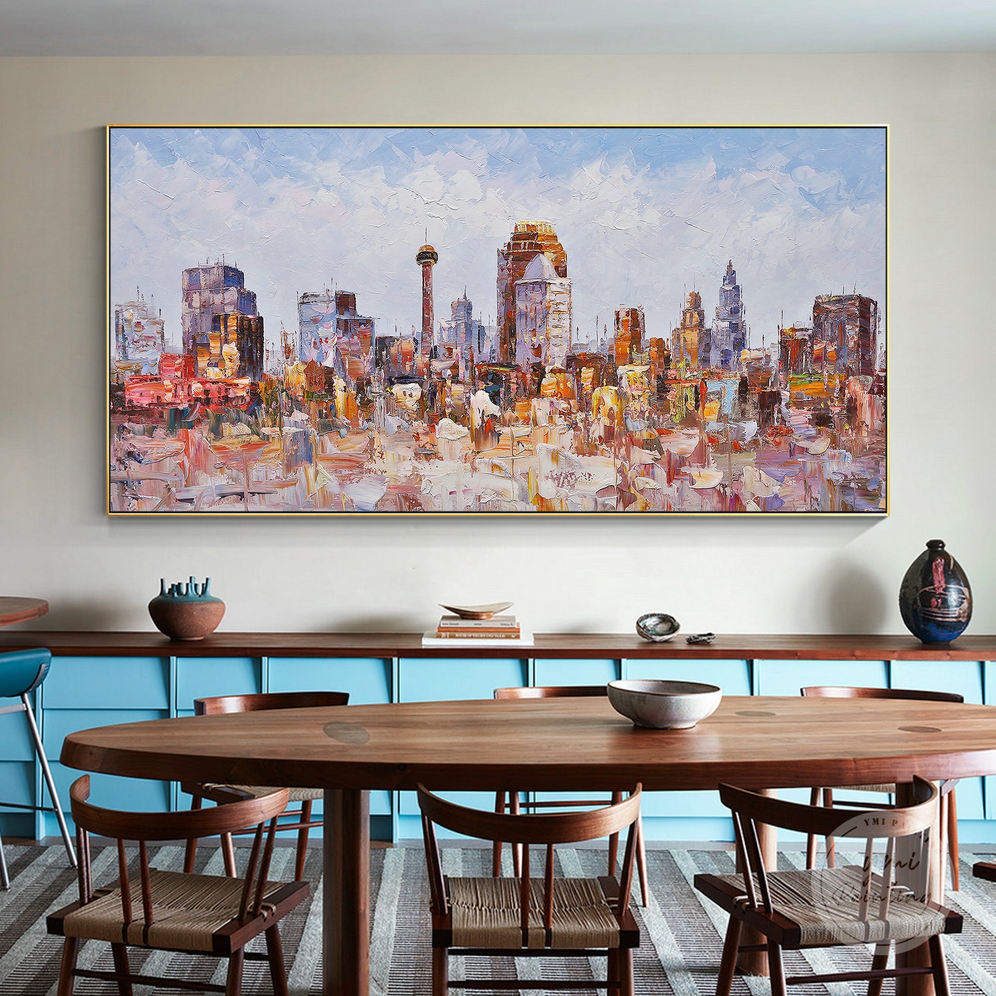 Hand-painted San Antonio cityscape, featuring bold coral pink palette knife strokes for an expressive design.