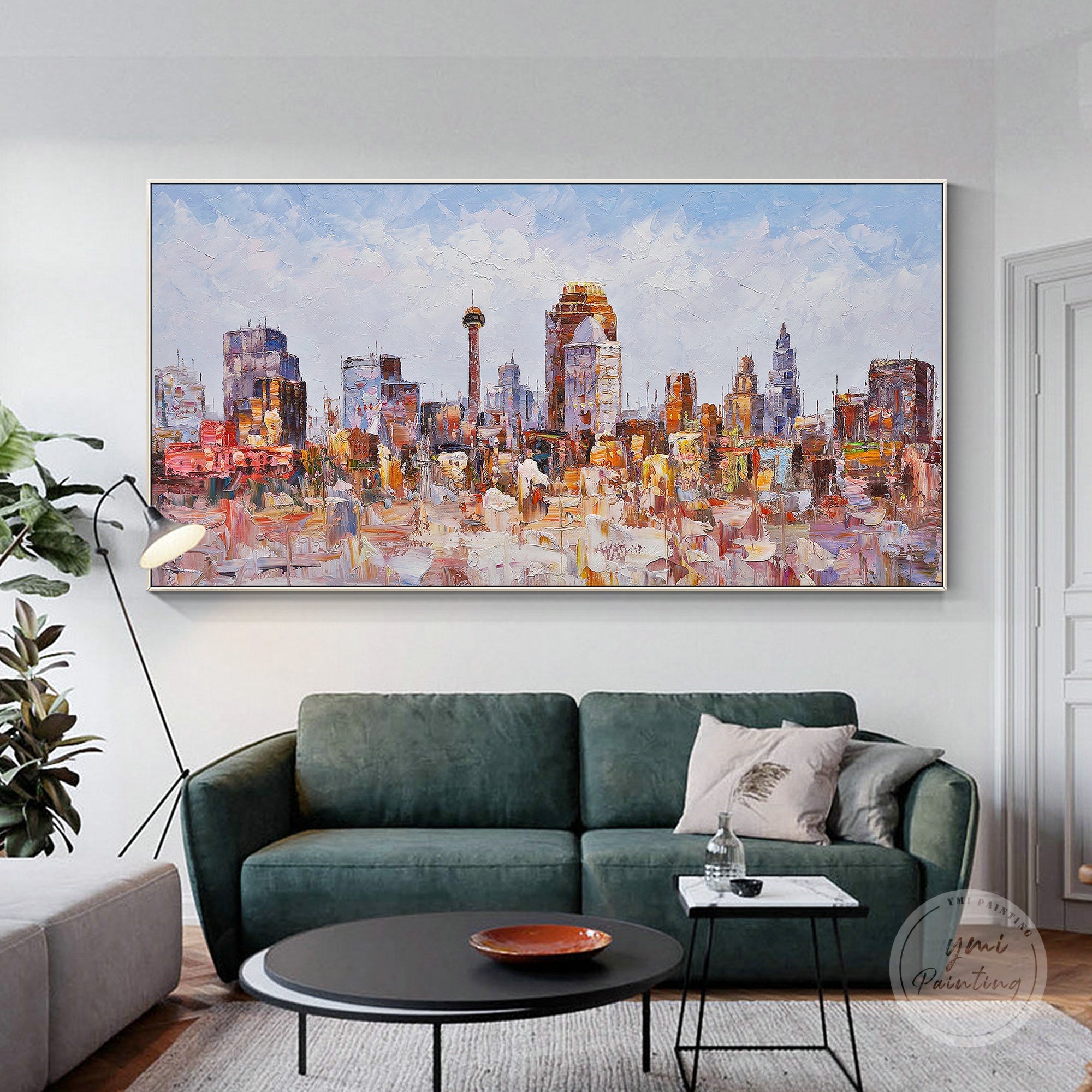 Original San Antonio skyline painting, hand-painted with coral pink palette knife technique for dramatic effect.