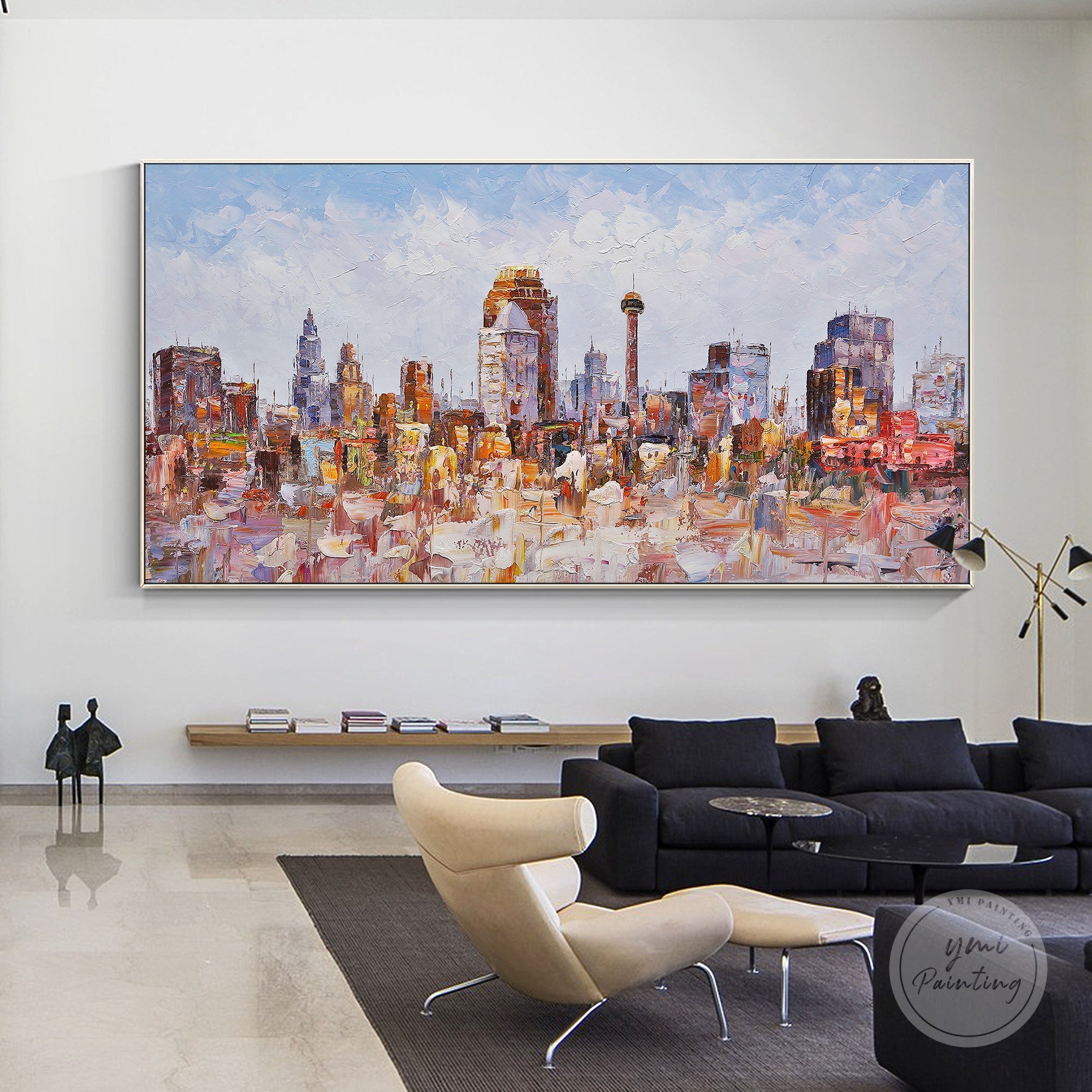 Abstract San Antonio skyline art, created with textured coral pink strokes for a modern cityscape look.