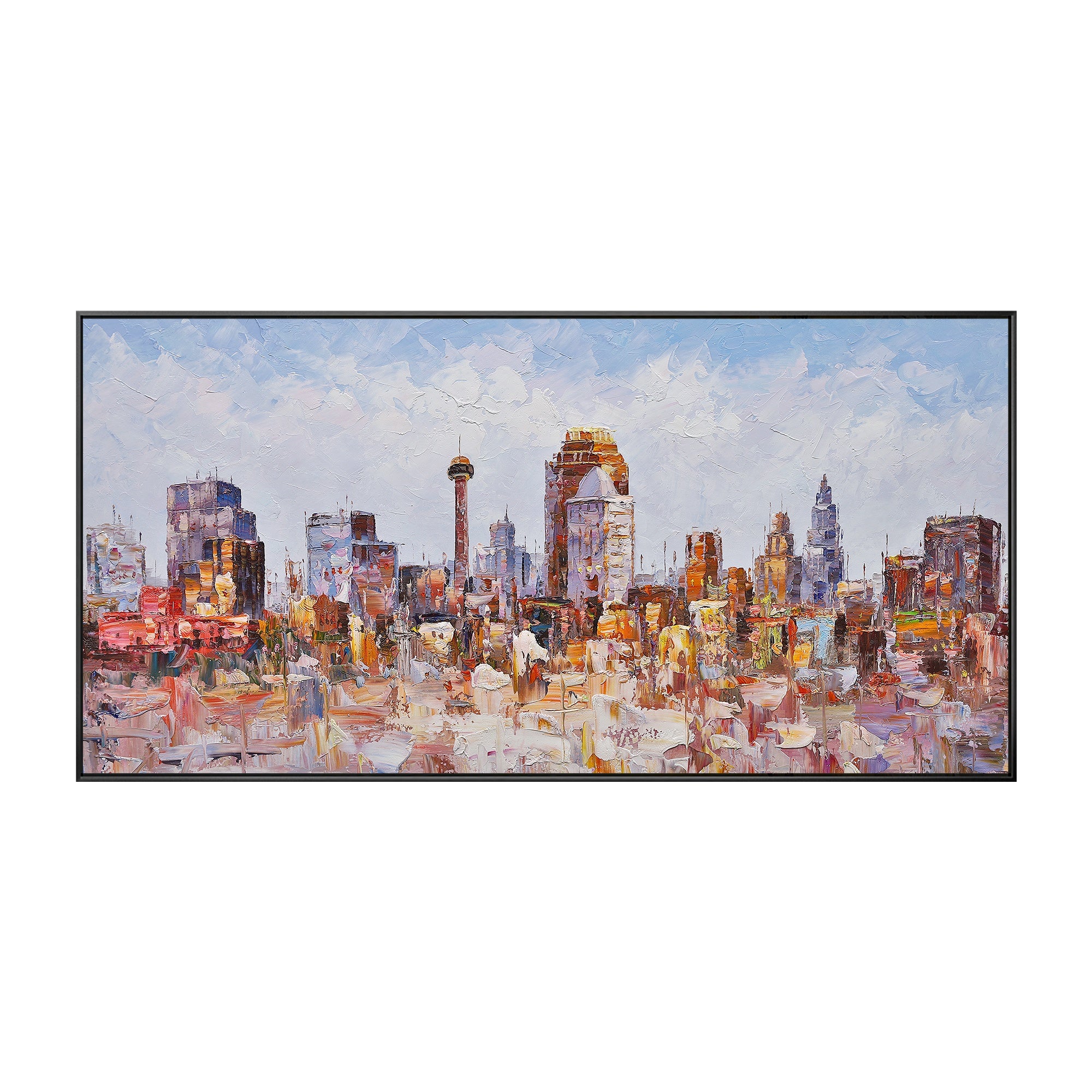 San Antonio cityscape palette knife art, featuring coral pink tones and dynamic strokes for a contemporary design.