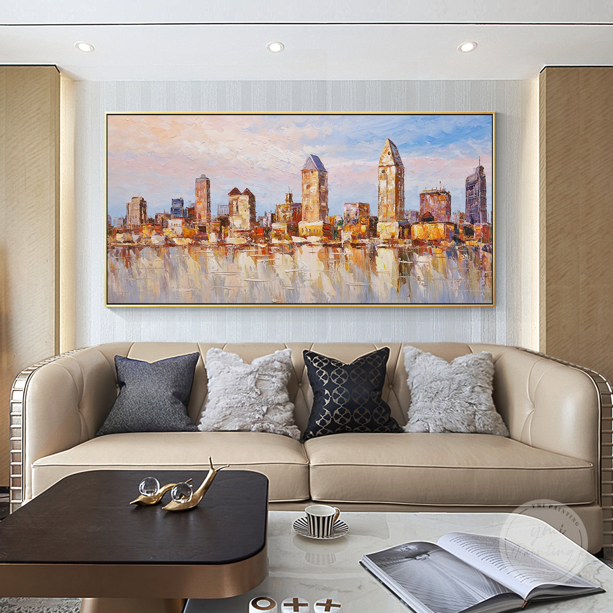 Hand-painted San Diego skyline with abstract sunset glow, creating a warm, inviting cityscape on canvas.