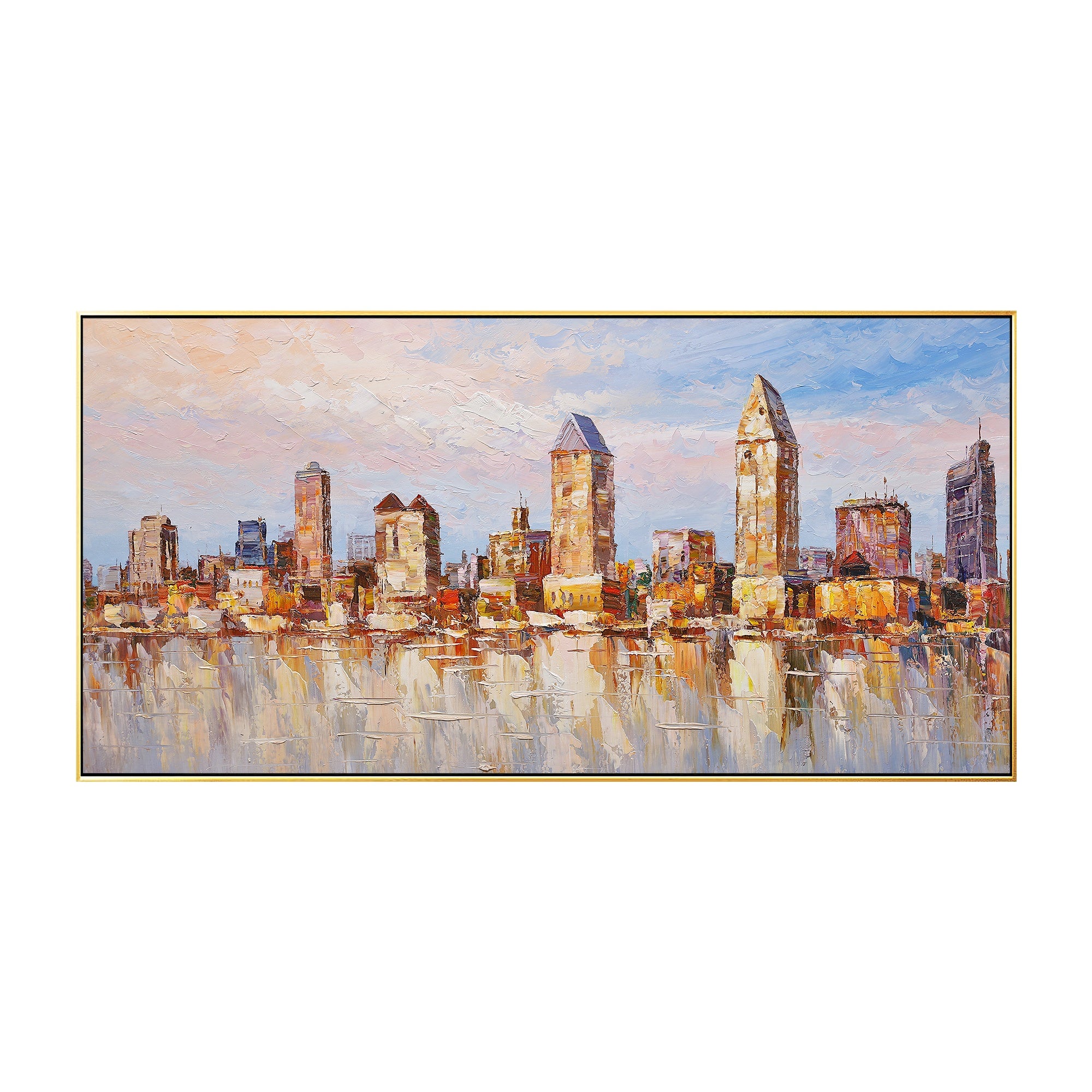 Vibrant San Diego skyline oil painting, featuring the warmth of sunset hues in abstract cityscape design.
