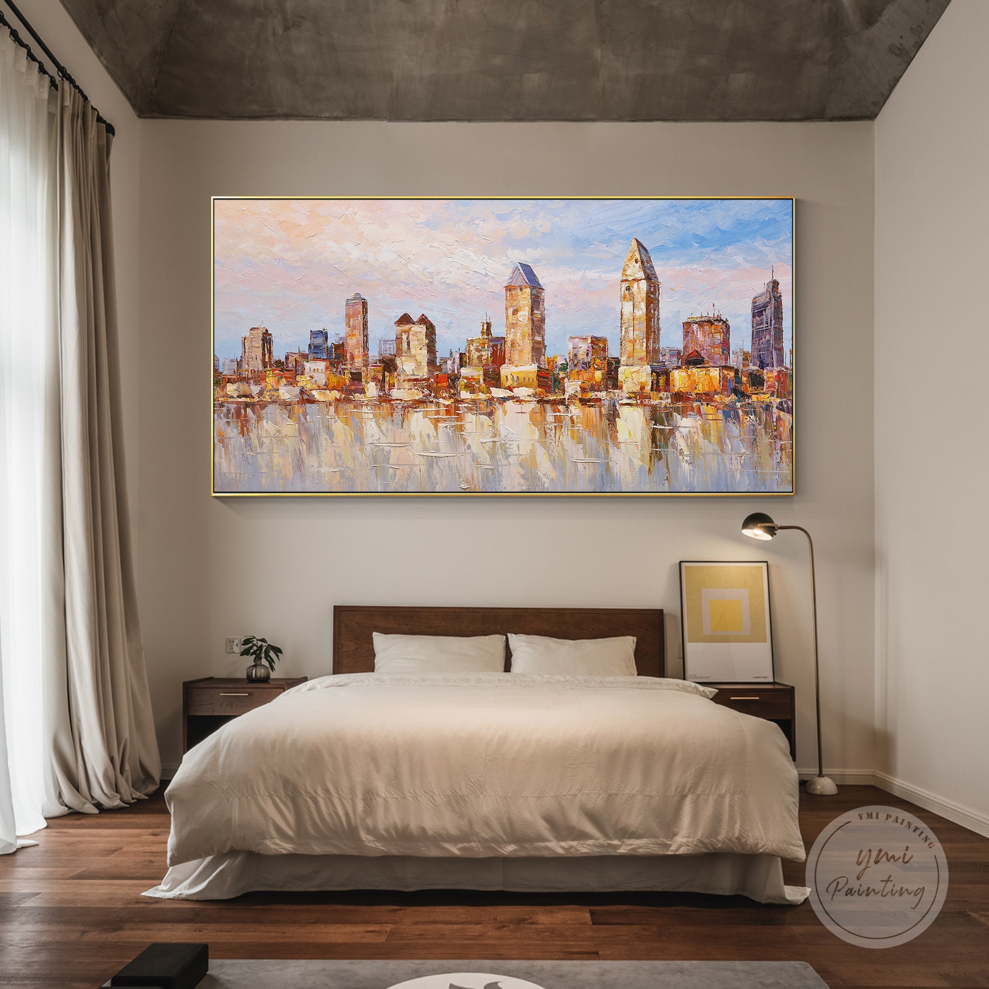 San Diego skyline in vibrant sunset colors, abstract oil painting with framed canvas for modern decor.
