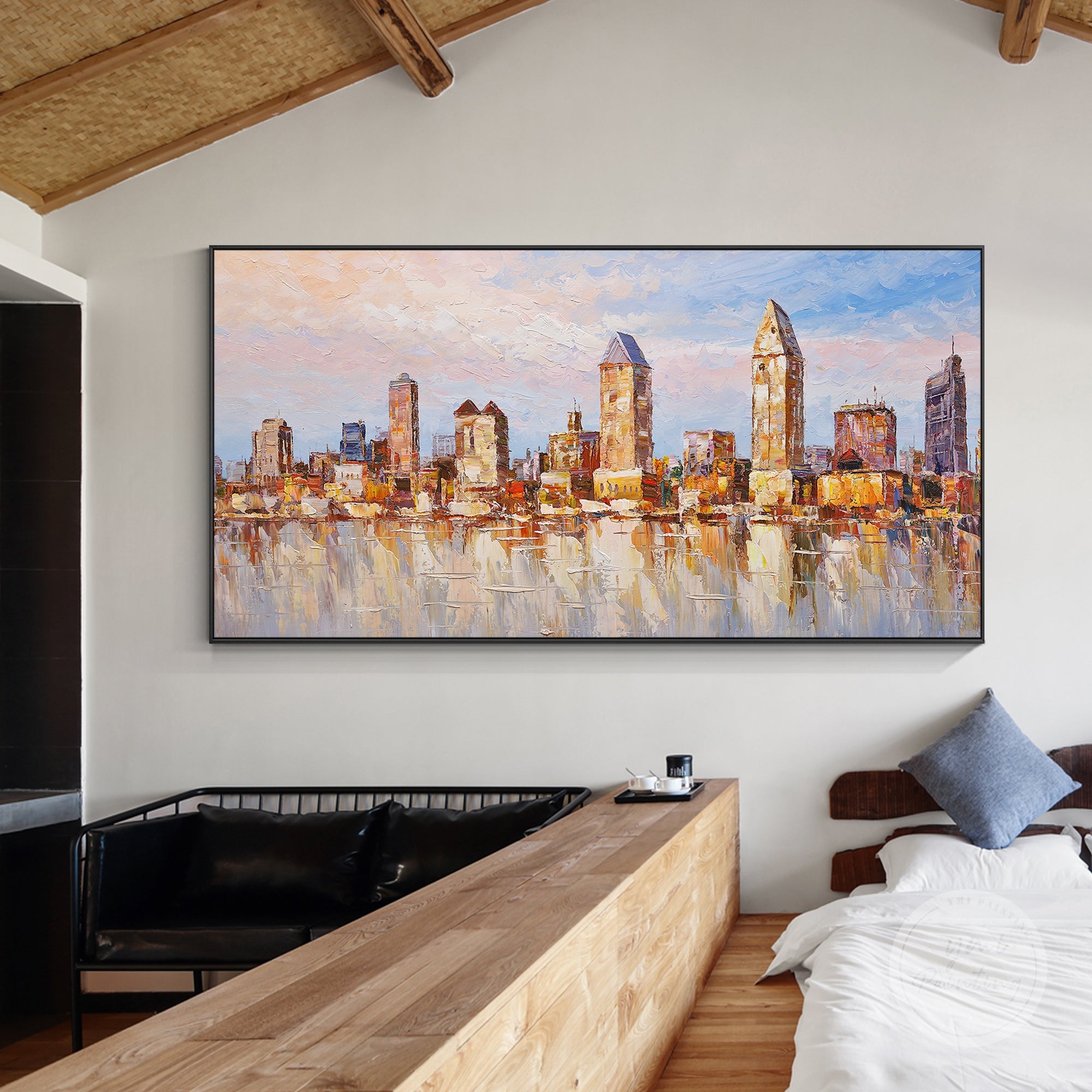 Framed San Diego cityscape painting, capturing the beauty of a sunset over the skyline with abstract design.