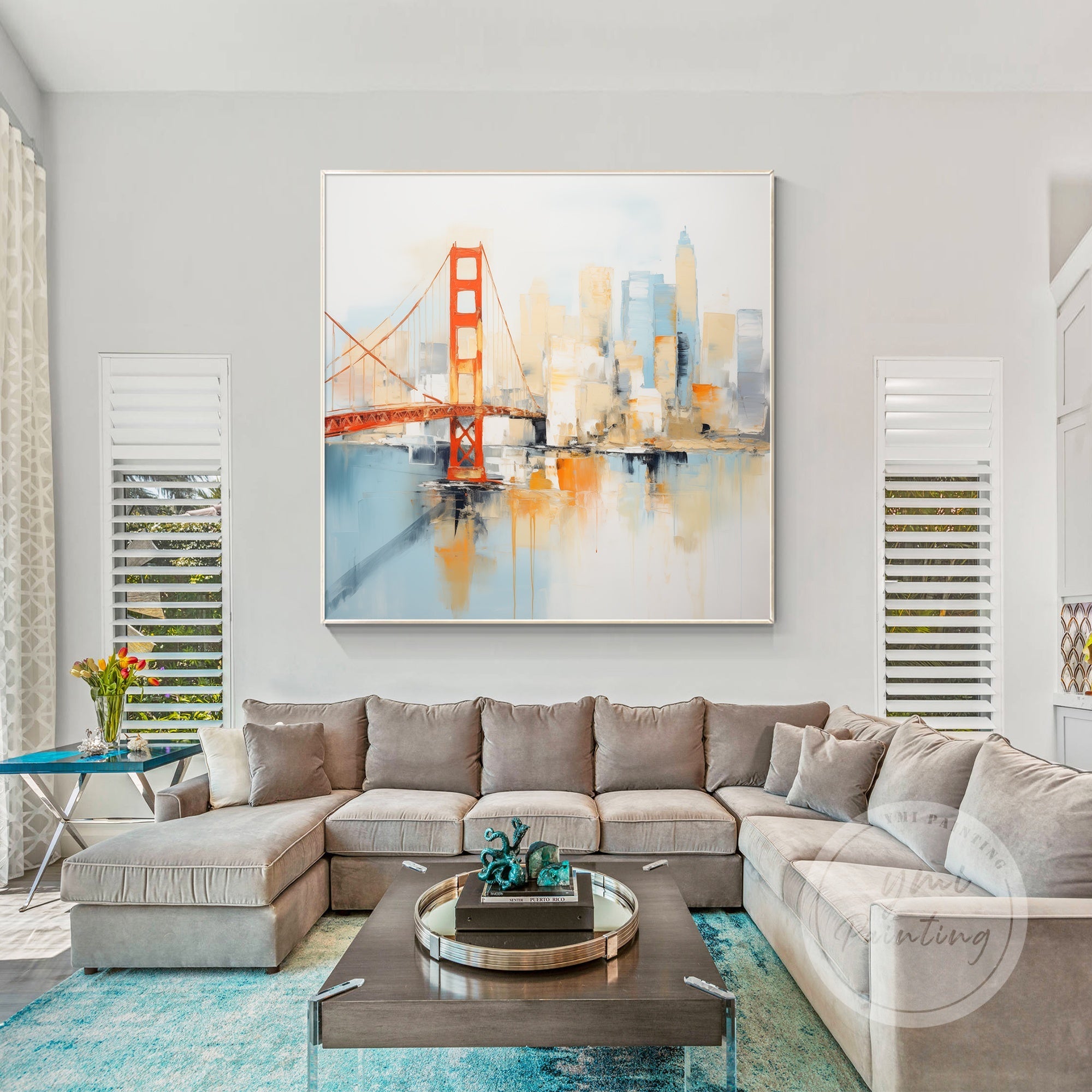 San Francisco skyline canvas art, with bold abstract strokes capturing the essence of the city’s unique architecture.