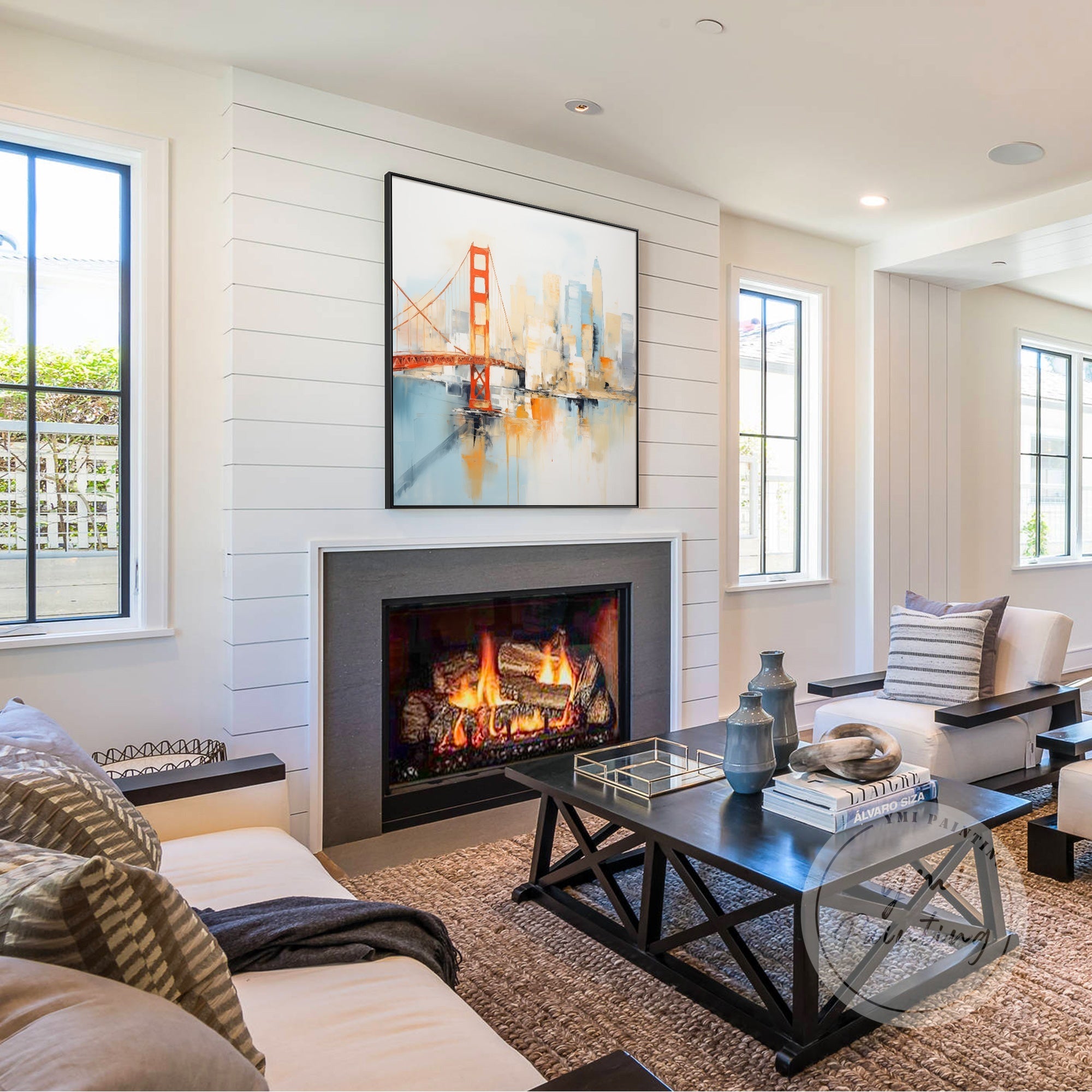 Framed San Francisco wall art, blending vibrant colors to represent the city's rich culture and landscape.