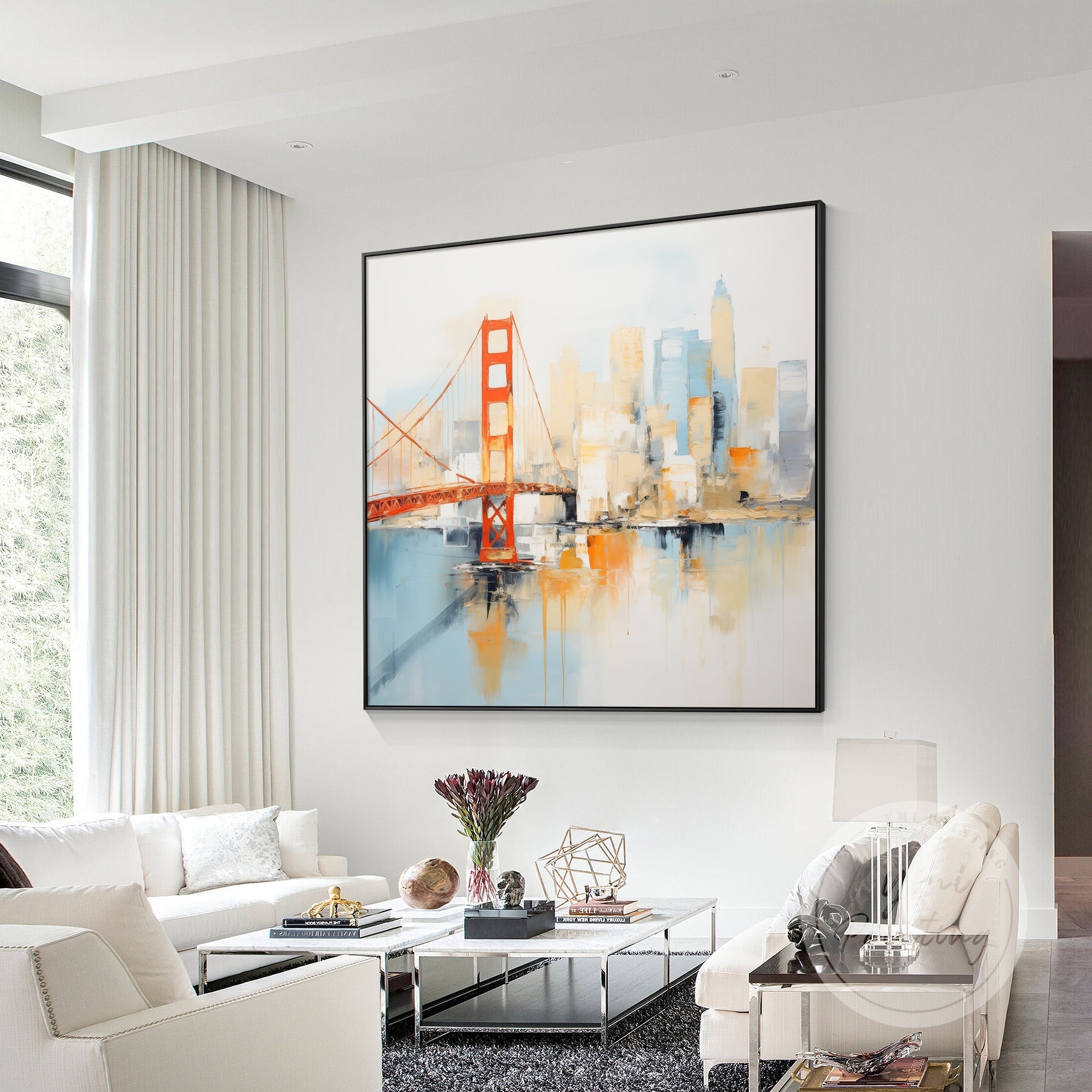 Contemporary abstract San Francisco painting, with expressive lines and colors that evoke the city’s energy.