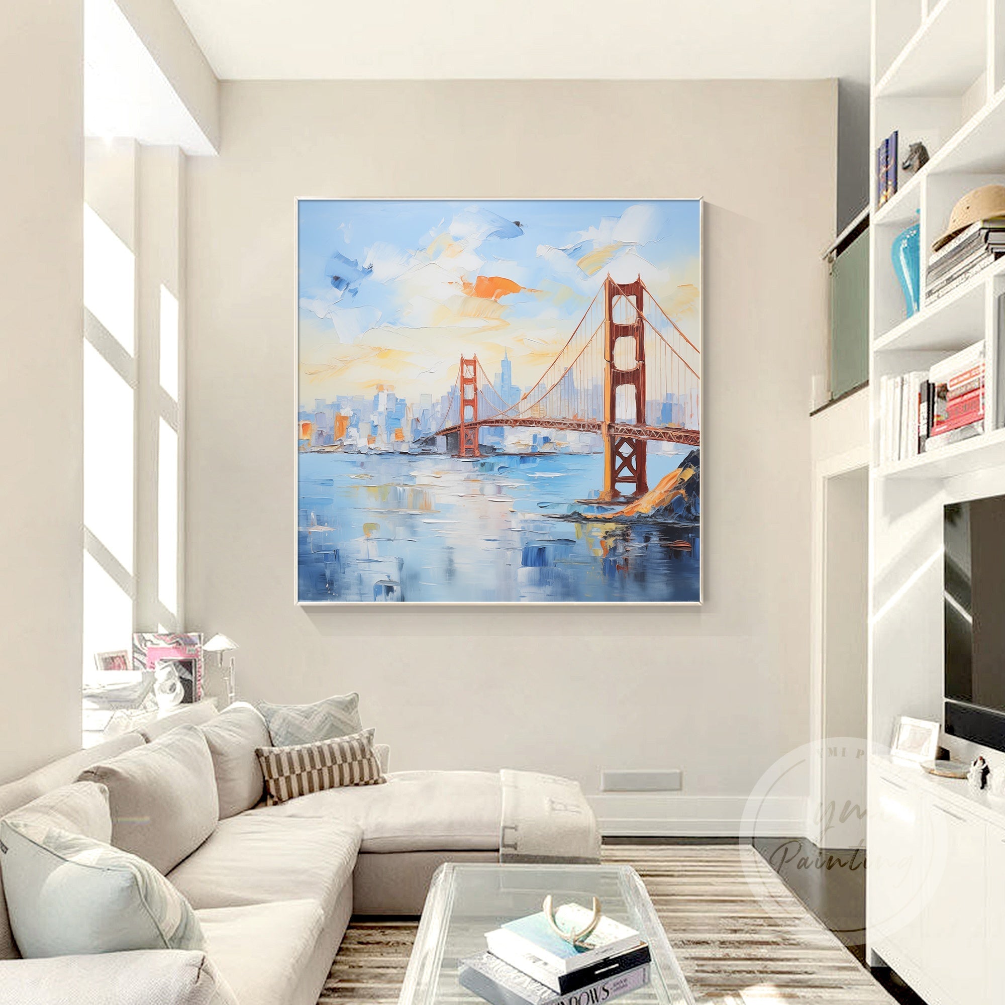 Original large painting of the Golden Gate Bridge, showcasing the iconic California landmark in vibrant colors and dynamic brushstrokes.