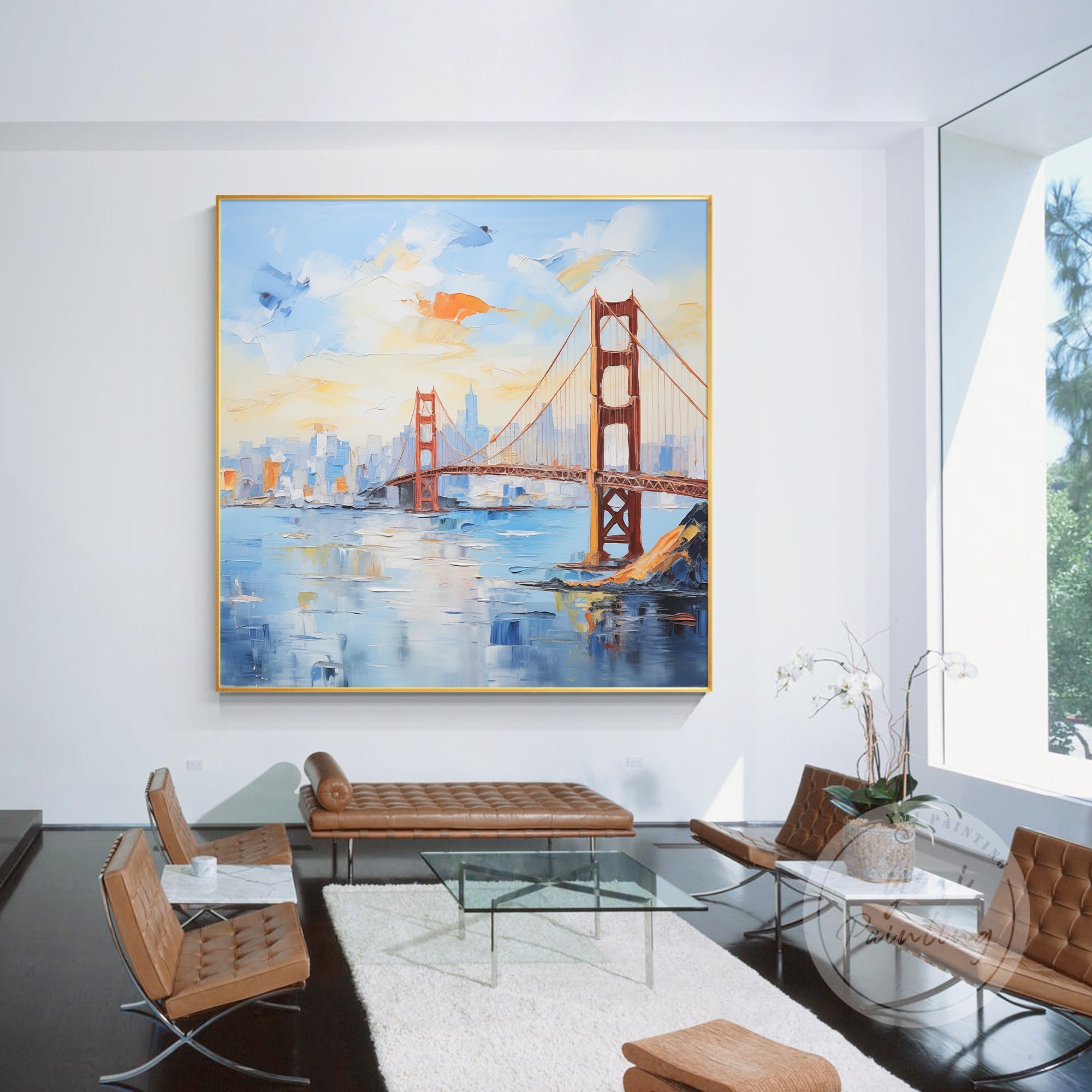 Framed San Francisco art of the Golden Gate Bridge, bringing the iconic structure to life with rich textures and bold colors.