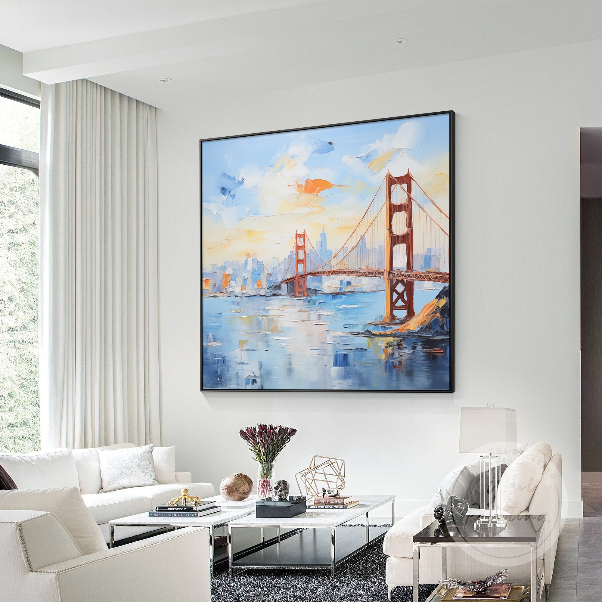 Large-scale painting of the Golden Gate Bridge, designed to add a powerful and inspiring focal point to your space.