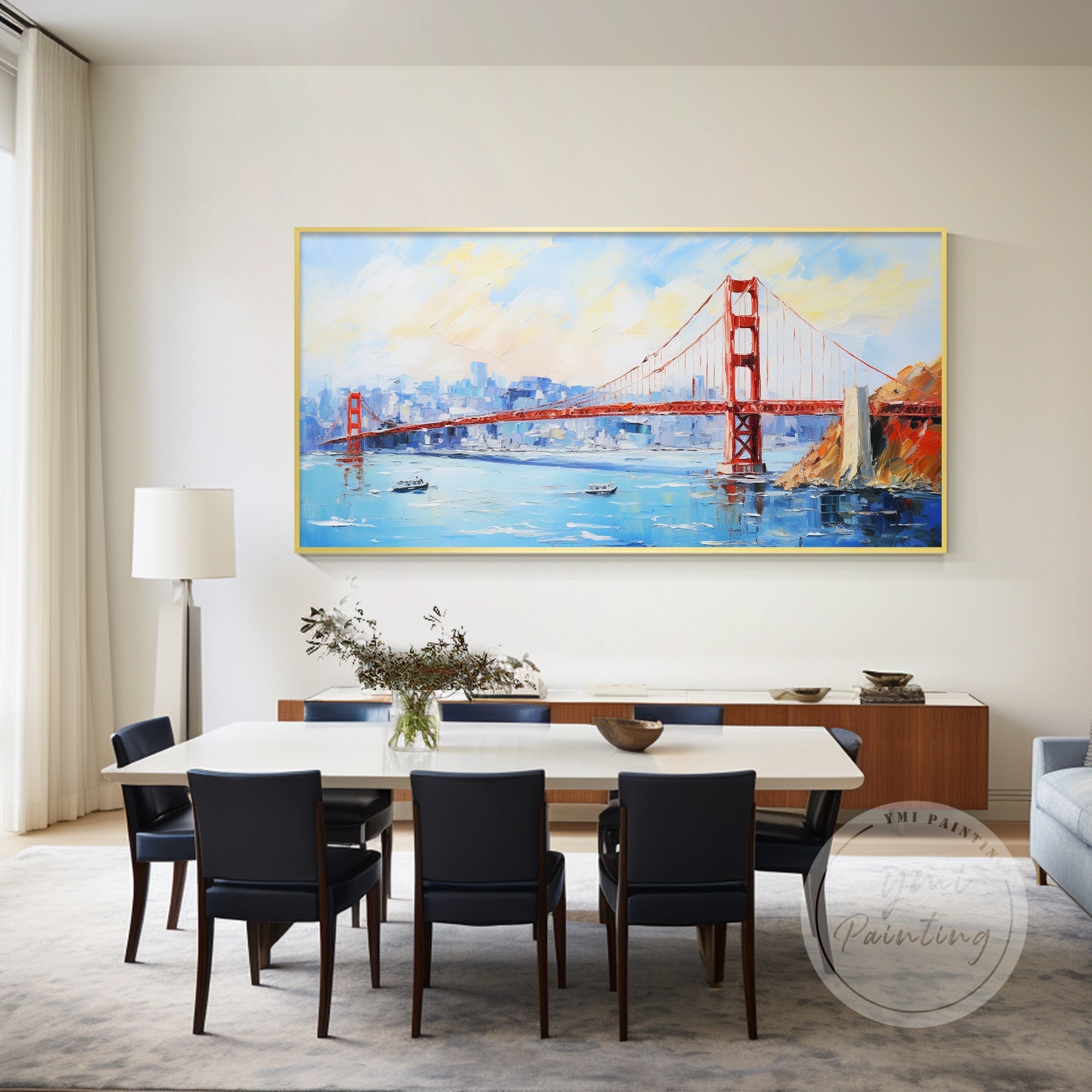 Impasto oil painting of the Golden Gate Bridge in San Francisco with vibrant red and blue tones.
