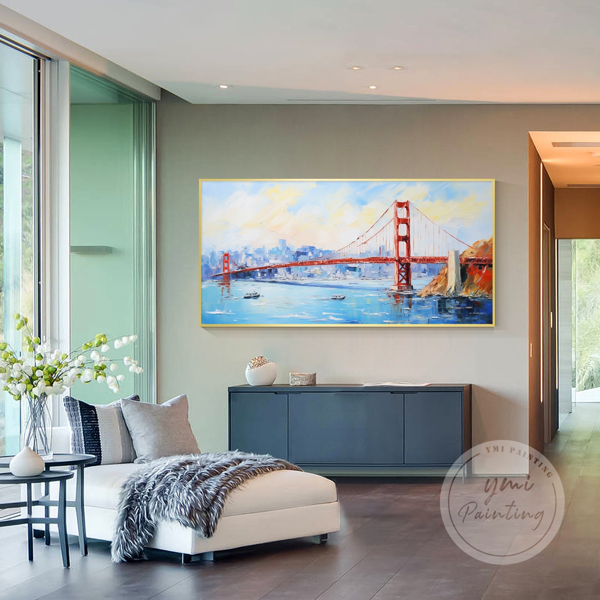 Textured Golden Gate Bridge artwork with thick impasto strokes, capturing San Francisco's iconic skyline.
