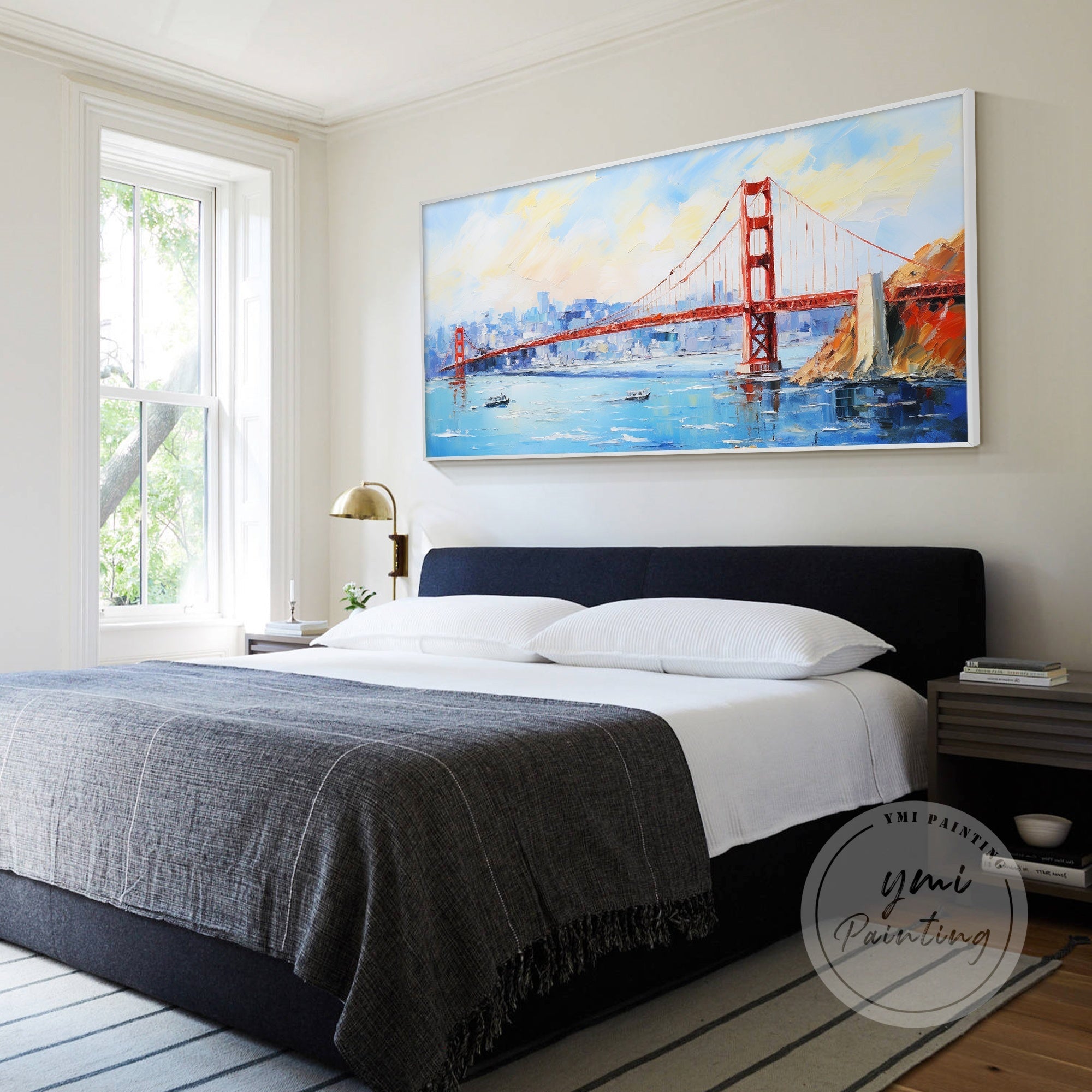 Large framed Golden Gate Bridge painting, showcasing bold red and blue hues for a modern touch.