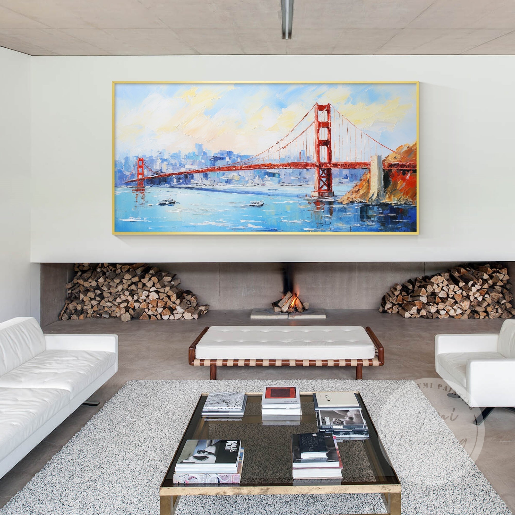San Francisco cityscape oil painting featuring the Golden Gate Bridge with textured brushstrokes.