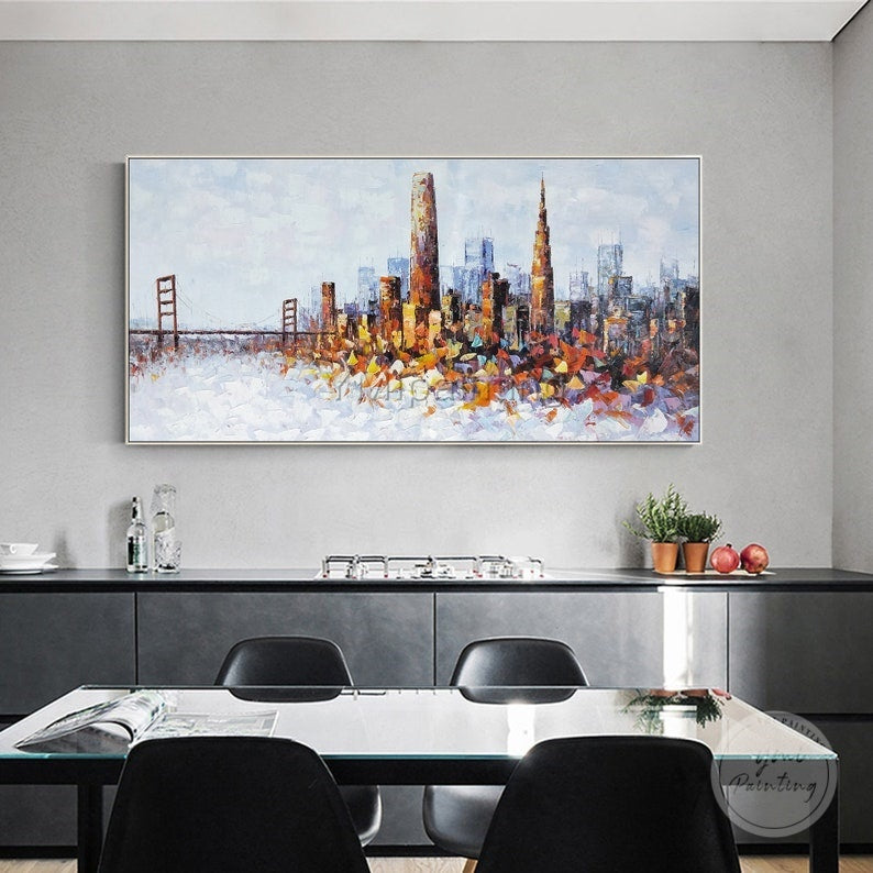 Hand-painted San Francisco cityscape, featuring textured palette knife strokes for a vibrant city skyline.