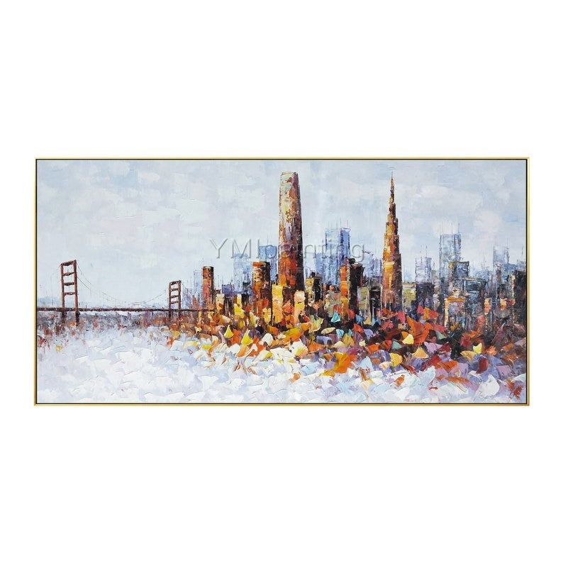 Framed San Francisco cityscape painting, featuring dynamic and textured palette knife technique.