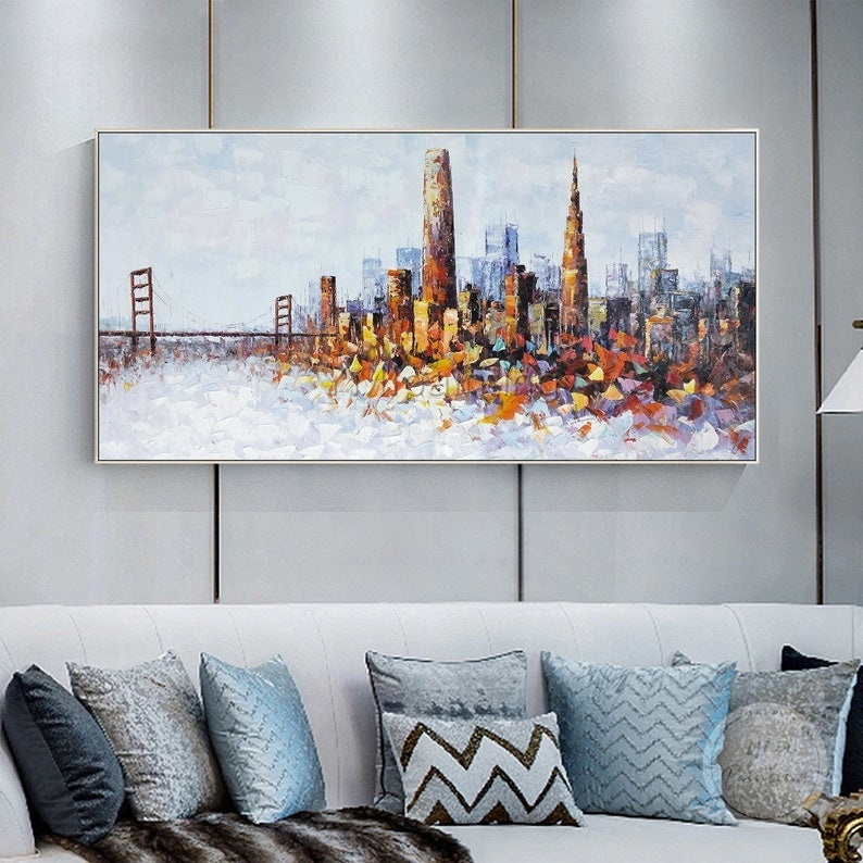 San Francisco skyline painting with bold palette knife strokes, capturing the city's iconic architecture.