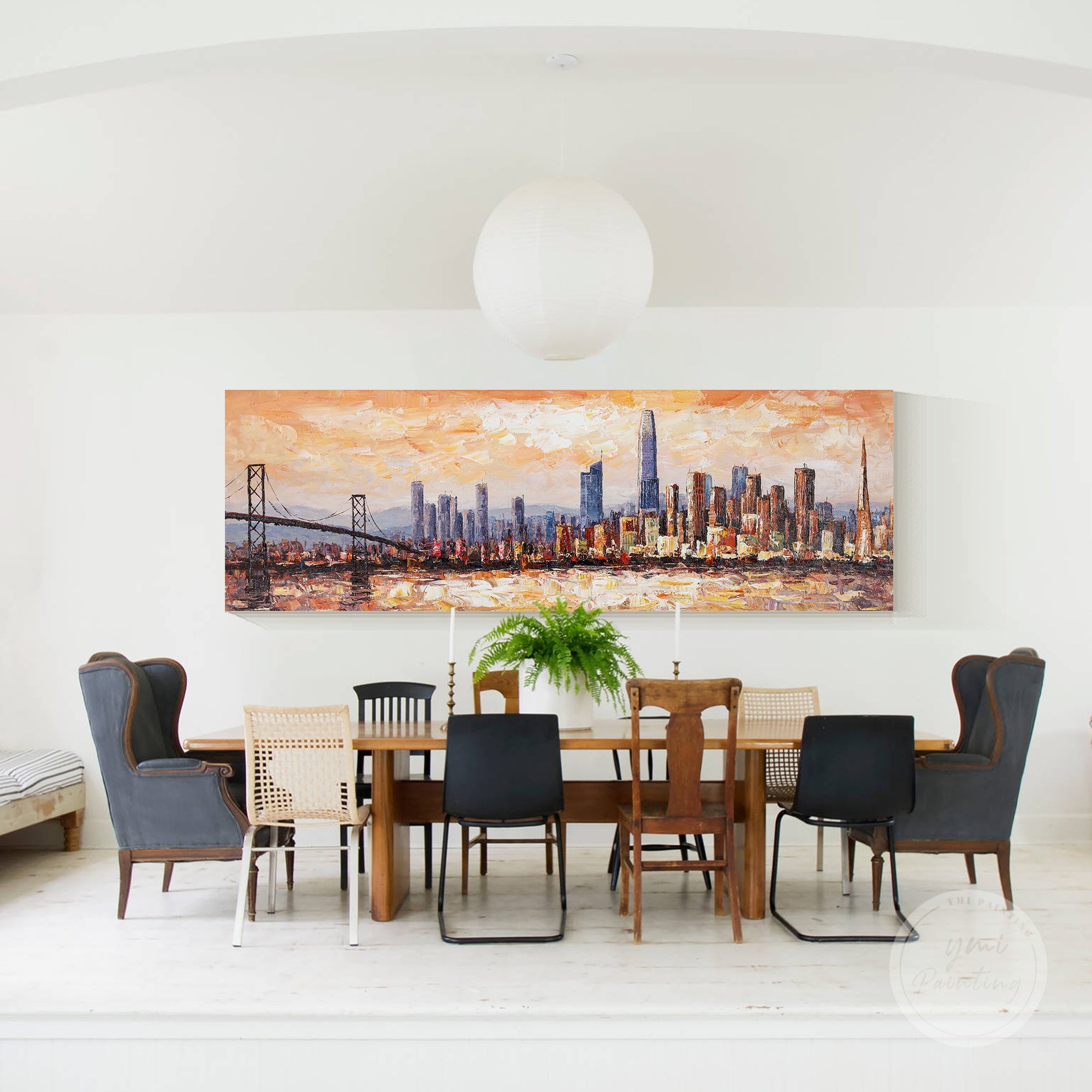 Large abstract cityscape oil painting of San Francisco, showcasing the skyline in bold, vibrant tones.