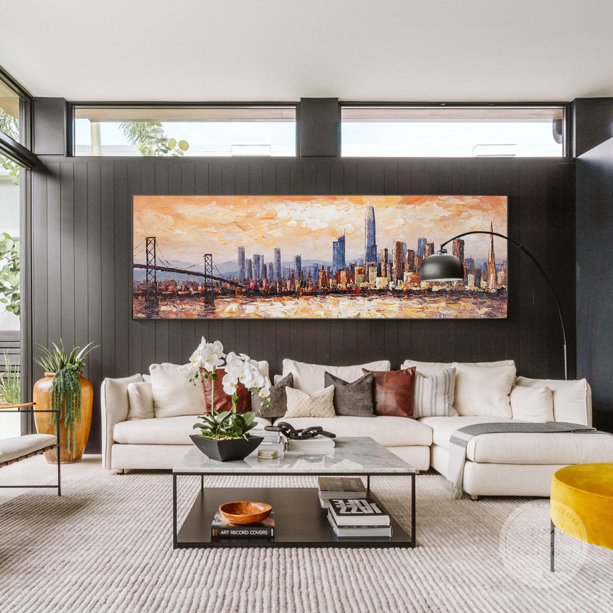 San Francisco skyline abstract art, large oil painting of the city’s iconic landmarks.