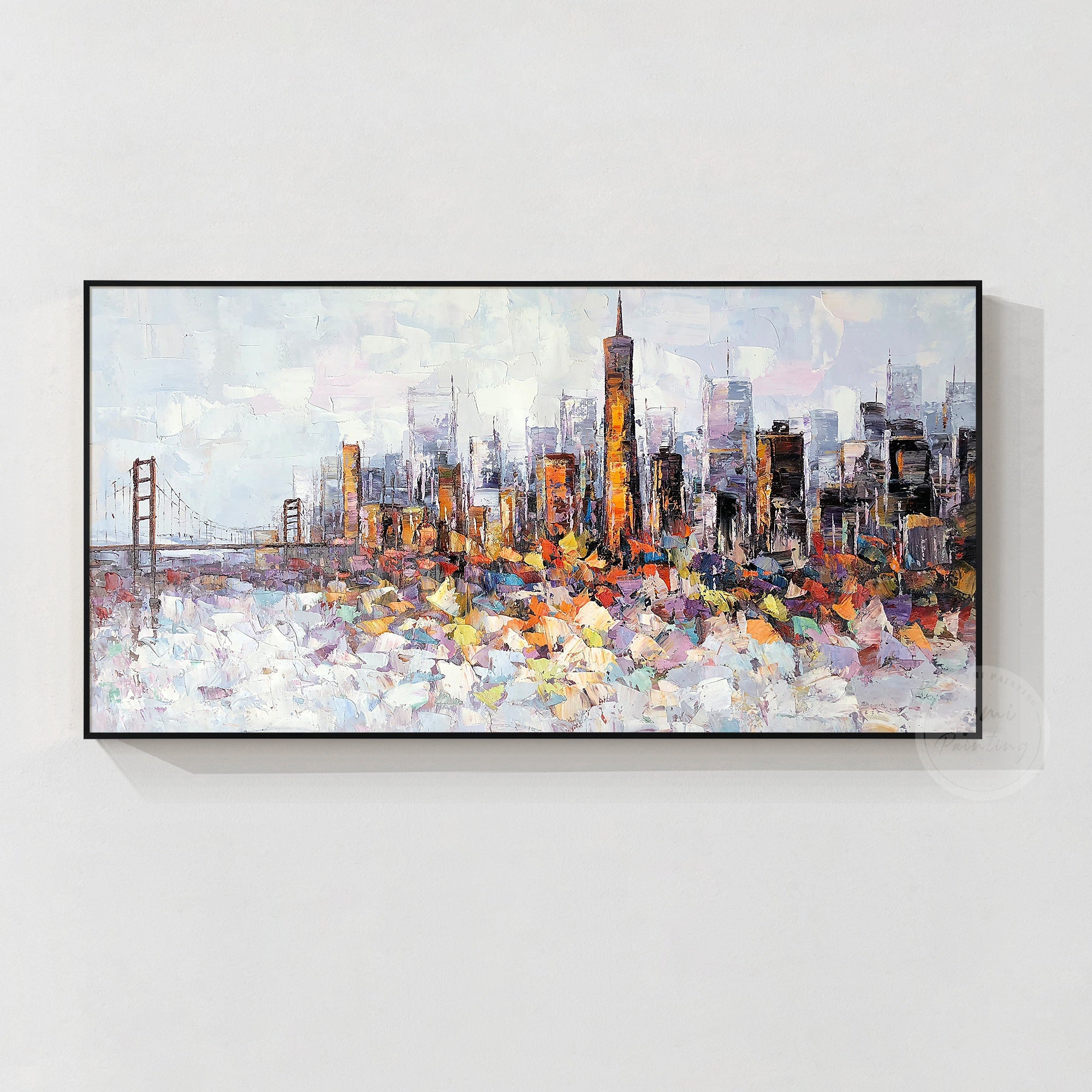 Hand-painted San Francisco cityscape, featuring textured palette knife strokes for a vibrant city skyline.
