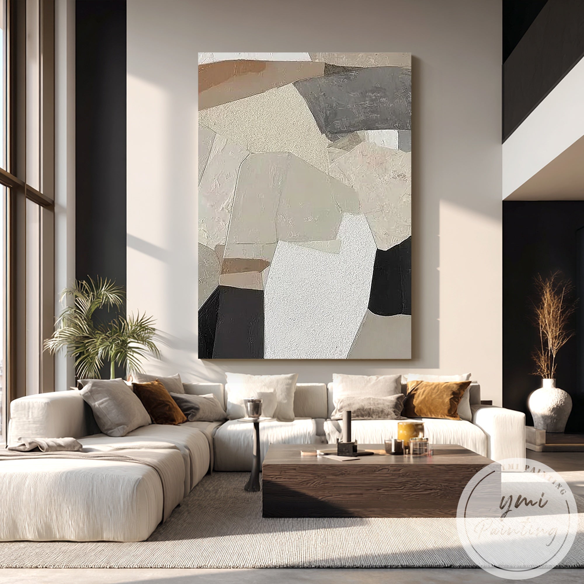 Modern minimalist textured wall painting with layered shapes