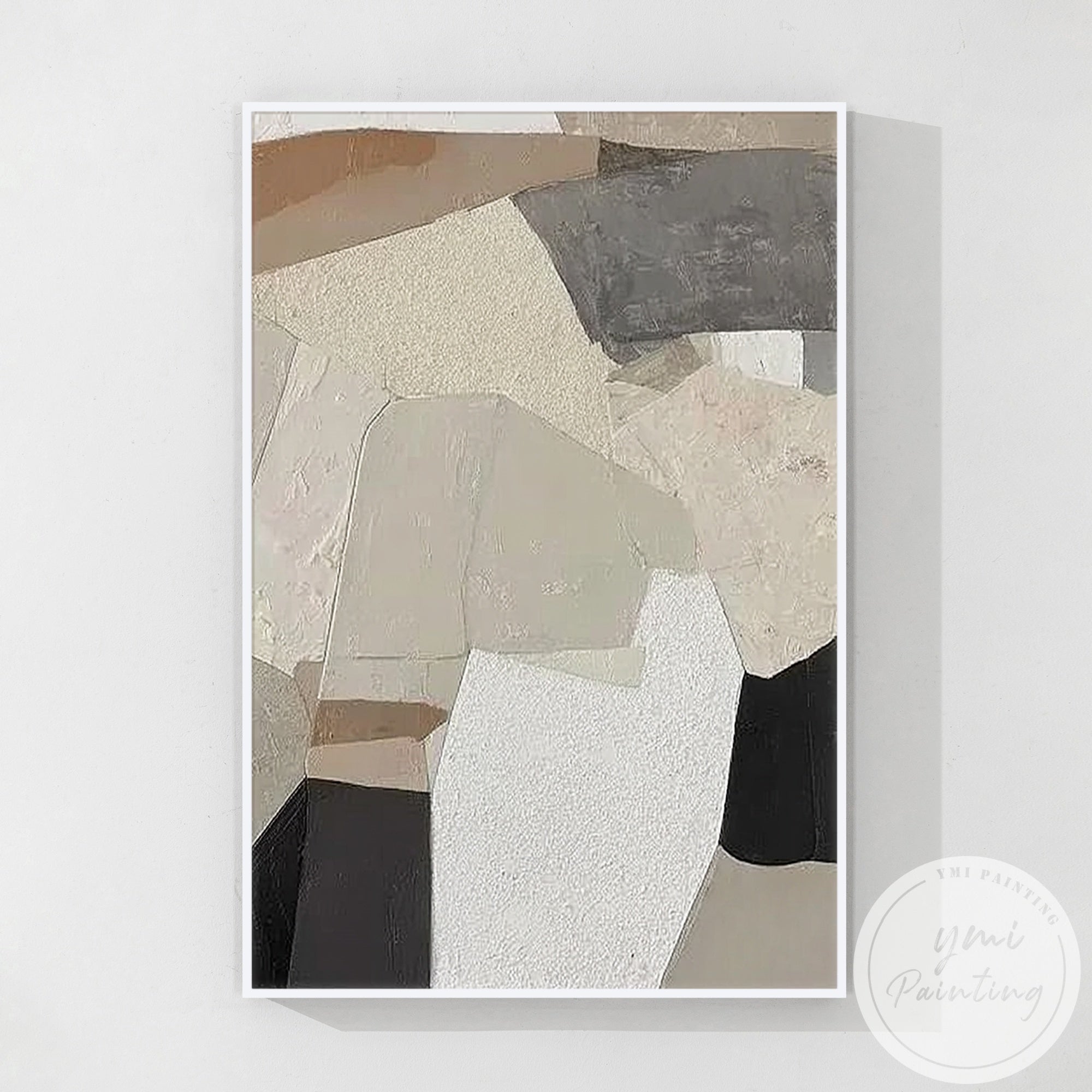 Textured beige and charcoal abstract canvas painting