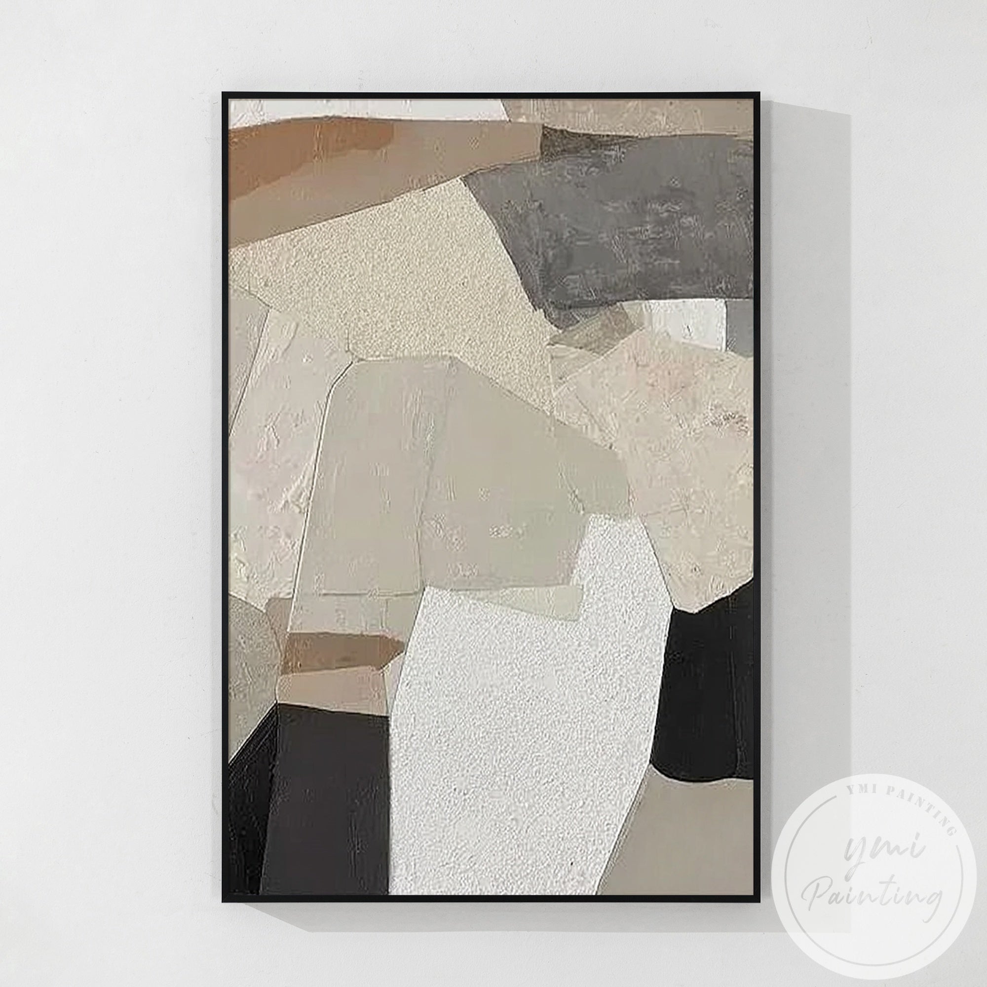 Textured beige and charcoal abstract canvas painting