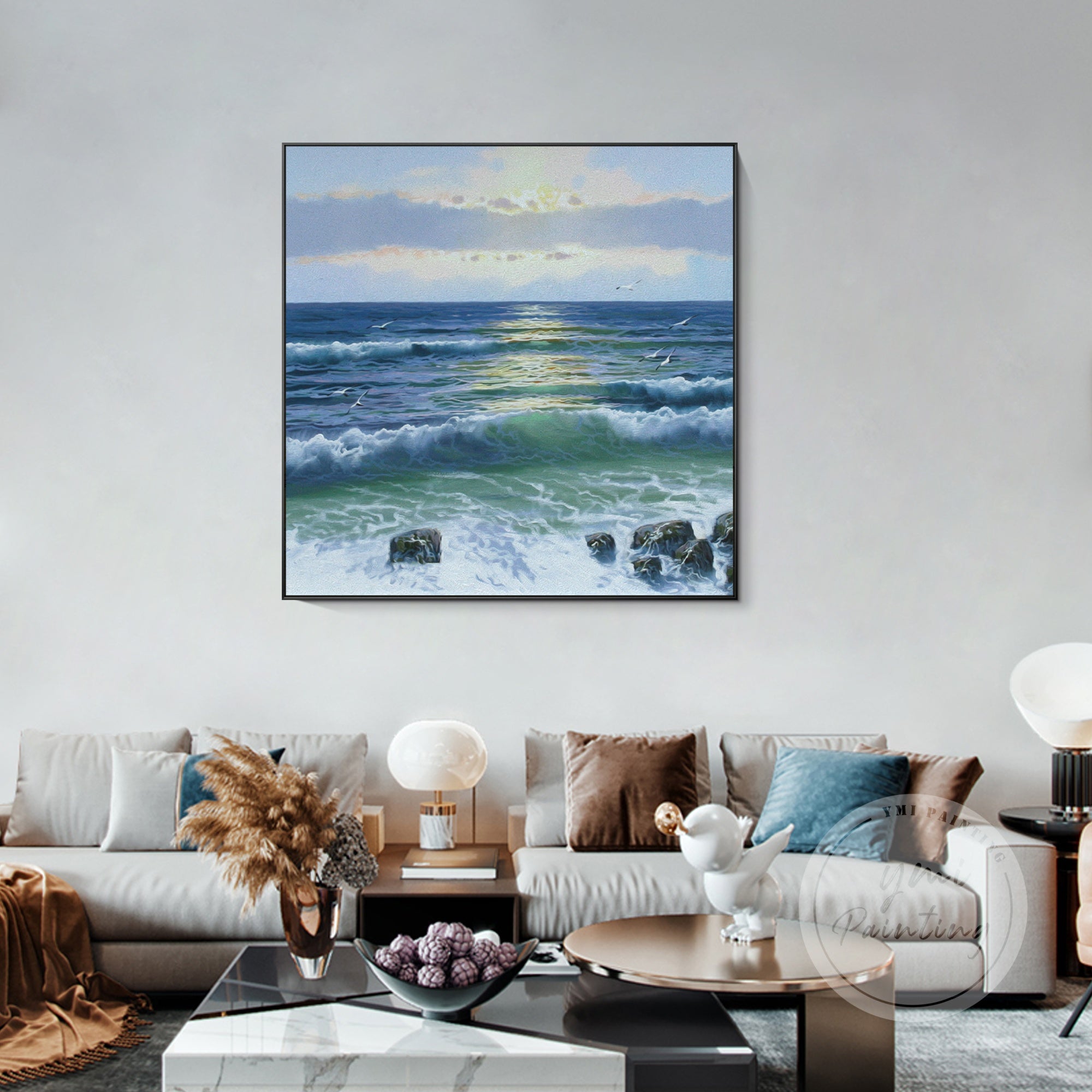Ocean sunset painting with sea waves crashing against rocky cliffs, textured acrylic canvas wall art.