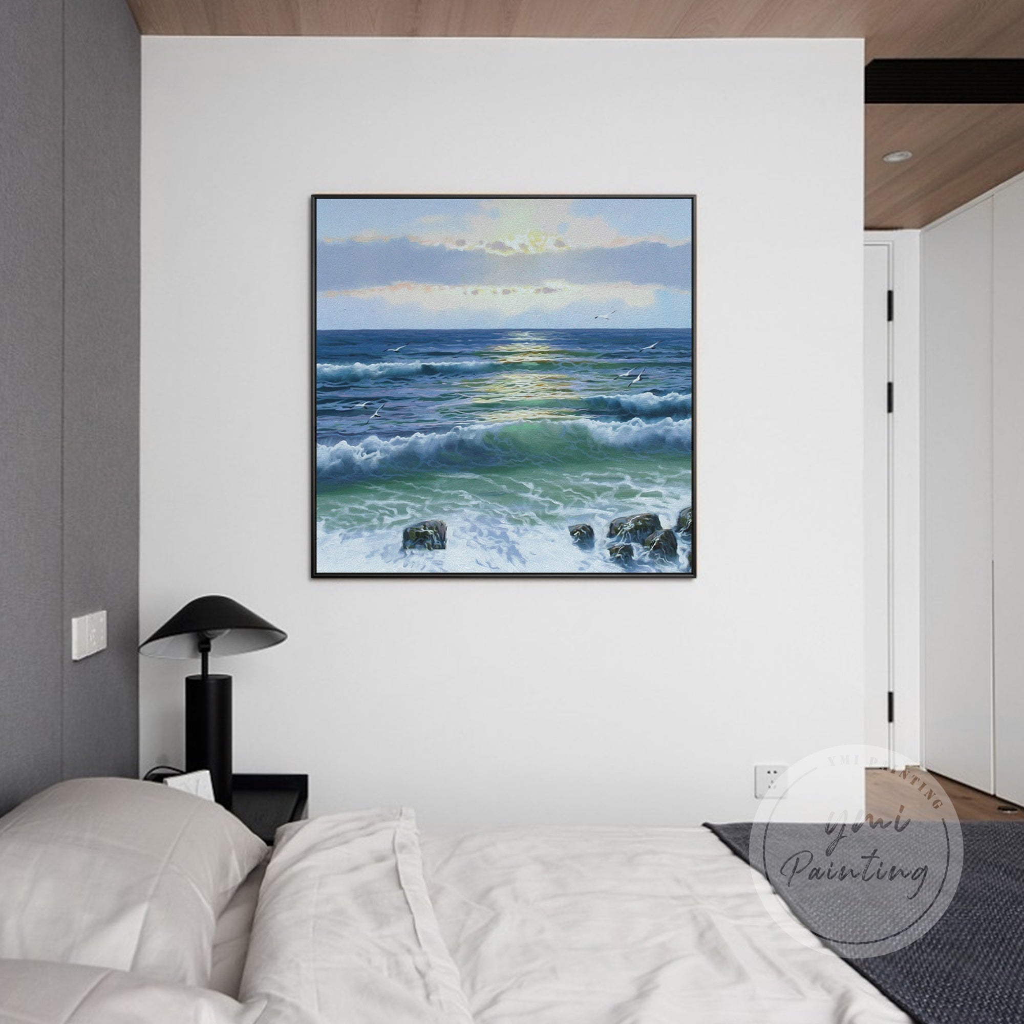 Abstract coastal artwork with warm sunset tones, deep blue sea waves, and rock formations.