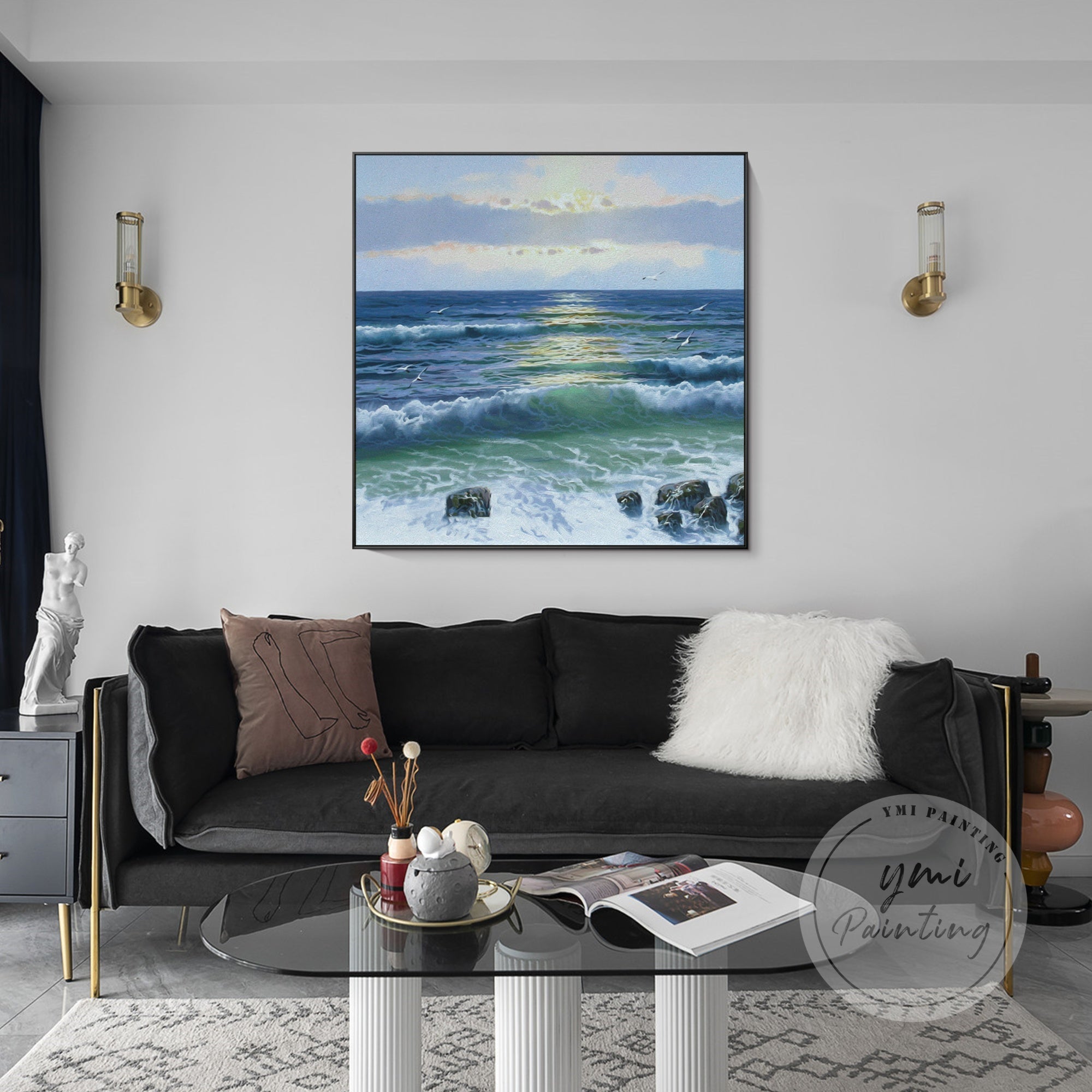 Acrylic textured painting of a seascape at sunset, featuring glowing skies and crashing waves.