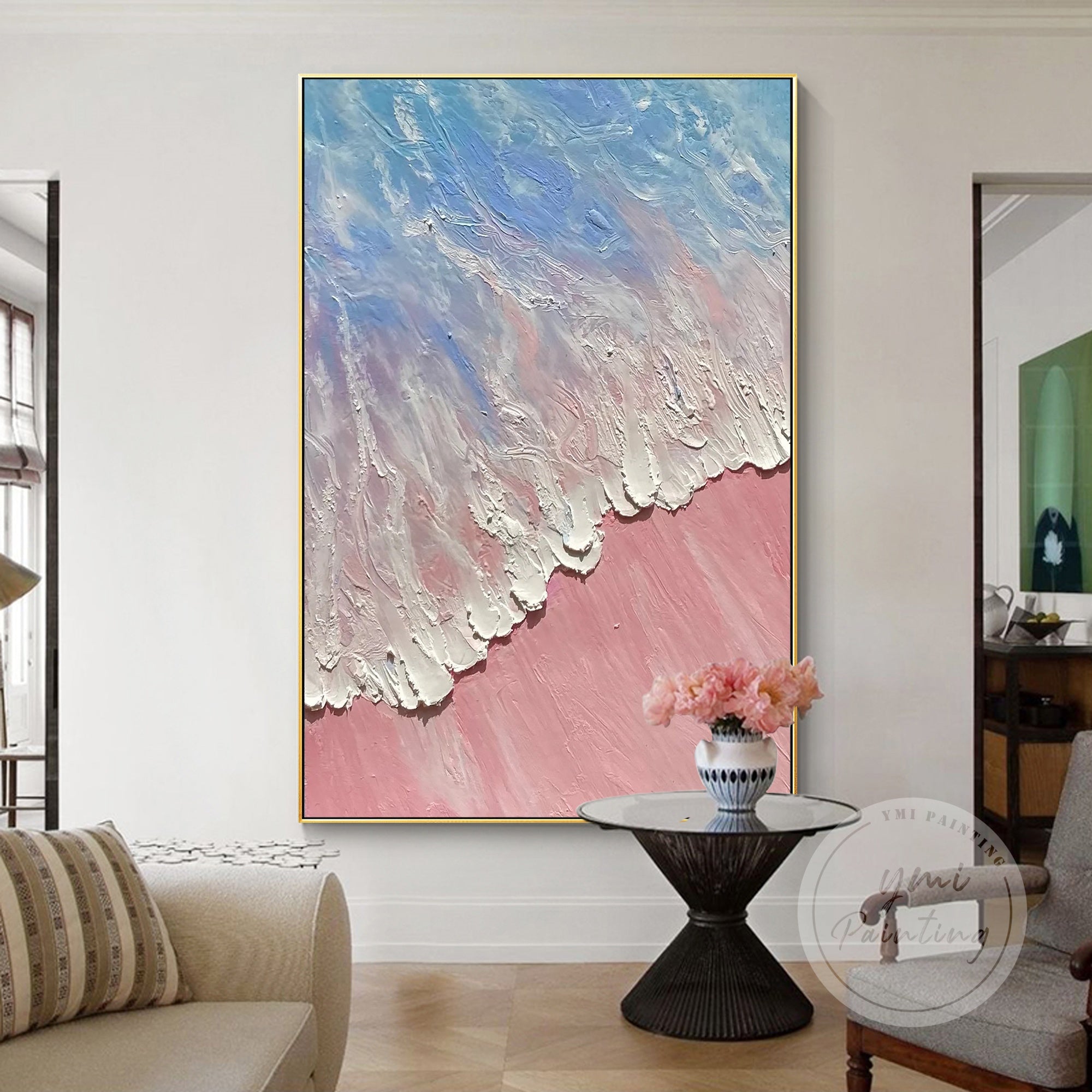 Original oil painting featuring a soft pastel beach scene with 3D textured sea waves.