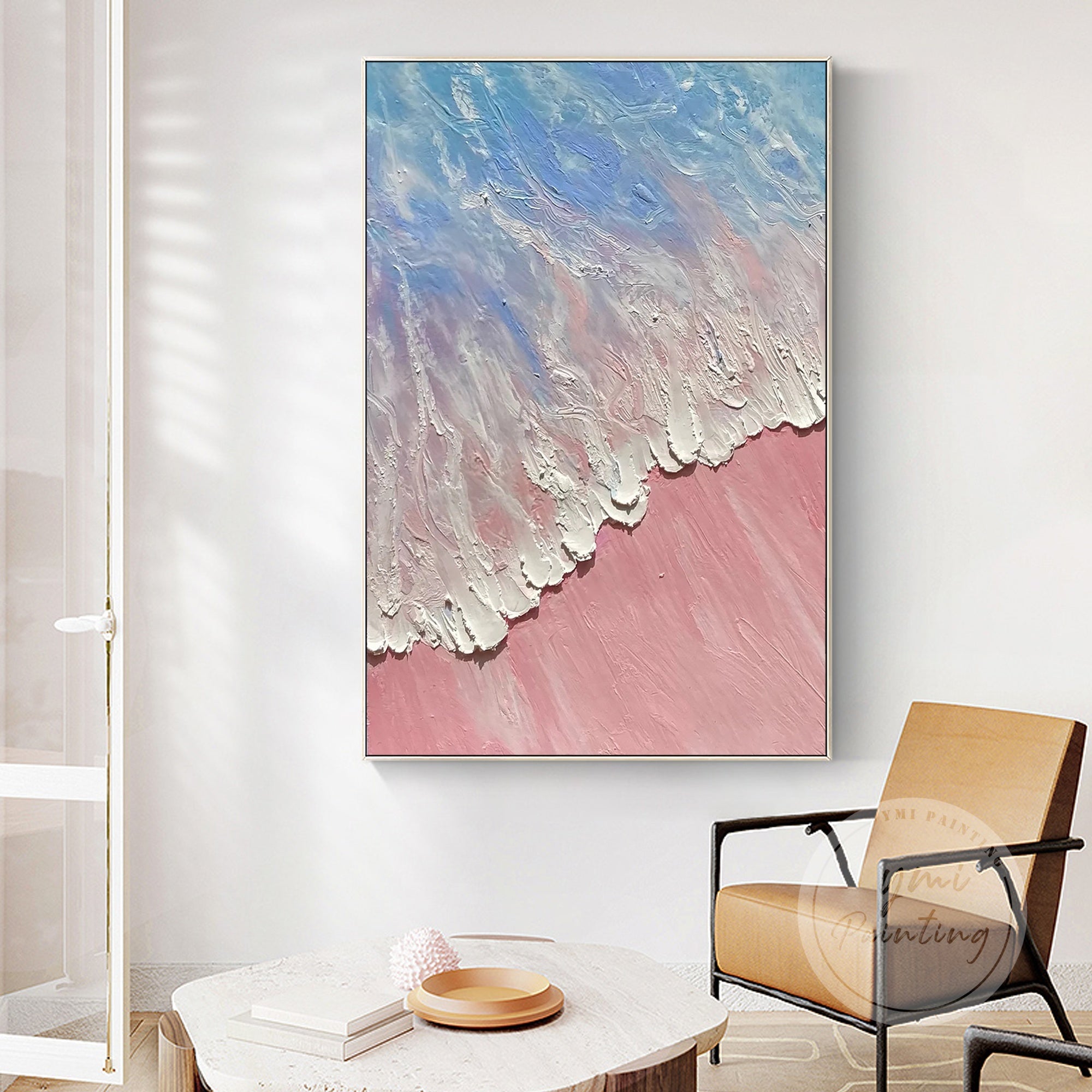Hand-painted beach-themed artwork with expressive brushstrokes and delicate wave patterns.