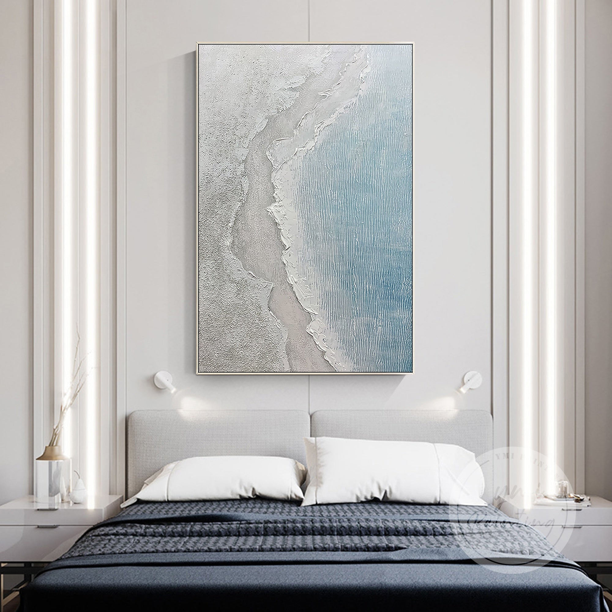 White and gray beach abstract painting with heavy texture and soft blue ocean waves.
