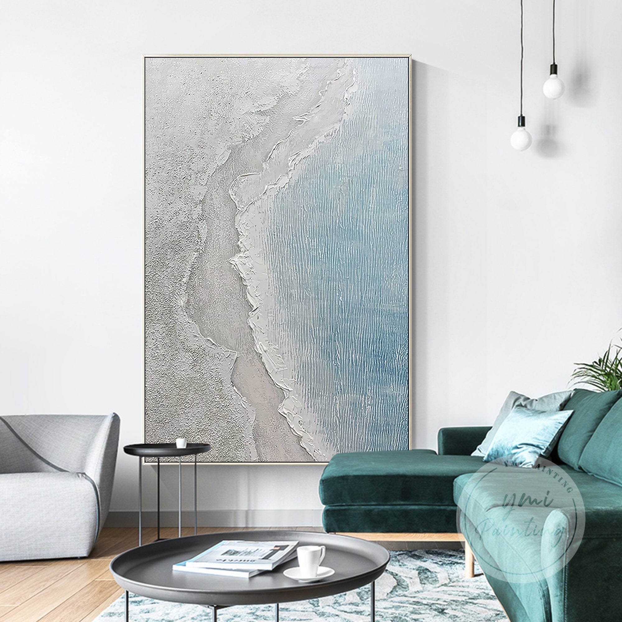 Original acrylic painting of a textured sea wave in a calming white, gray, and blue color palette.