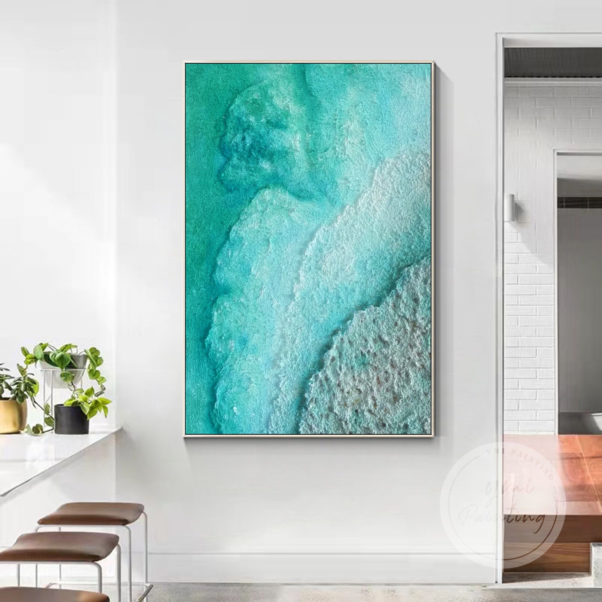 Turquoise green beach sea painting with 3D textured sand and teal tones, offering a serene and calming abstract design perfect for coastal decor.