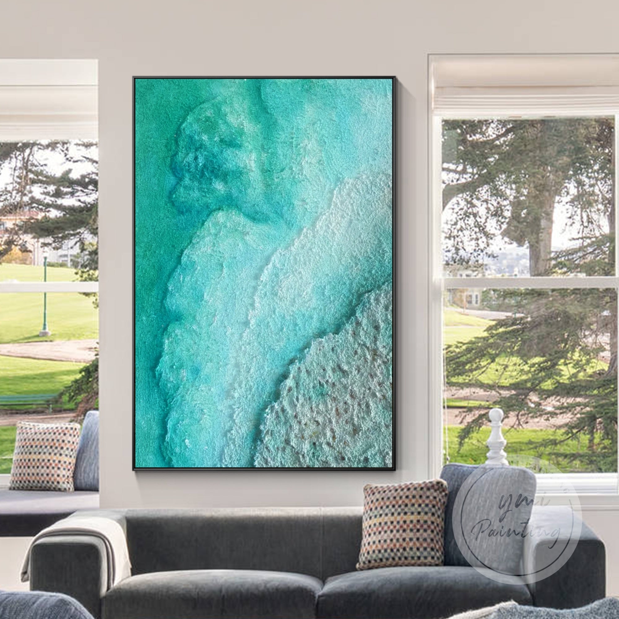 Abstract teal beach art with rich 3D sand textures, ideal for enhancing modern and minimalist interiors with a touch of serene coastal elegance.