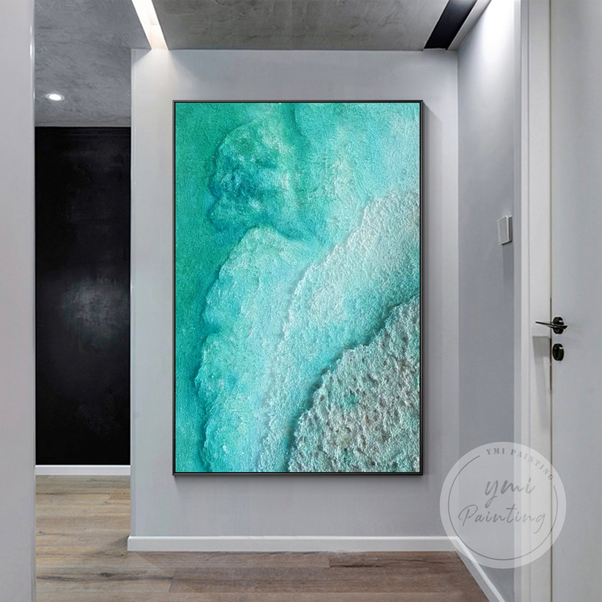 3D textured turquoise green and teal beach painting, perfect for creating a peaceful and aesthetic atmosphere in your living space or office.