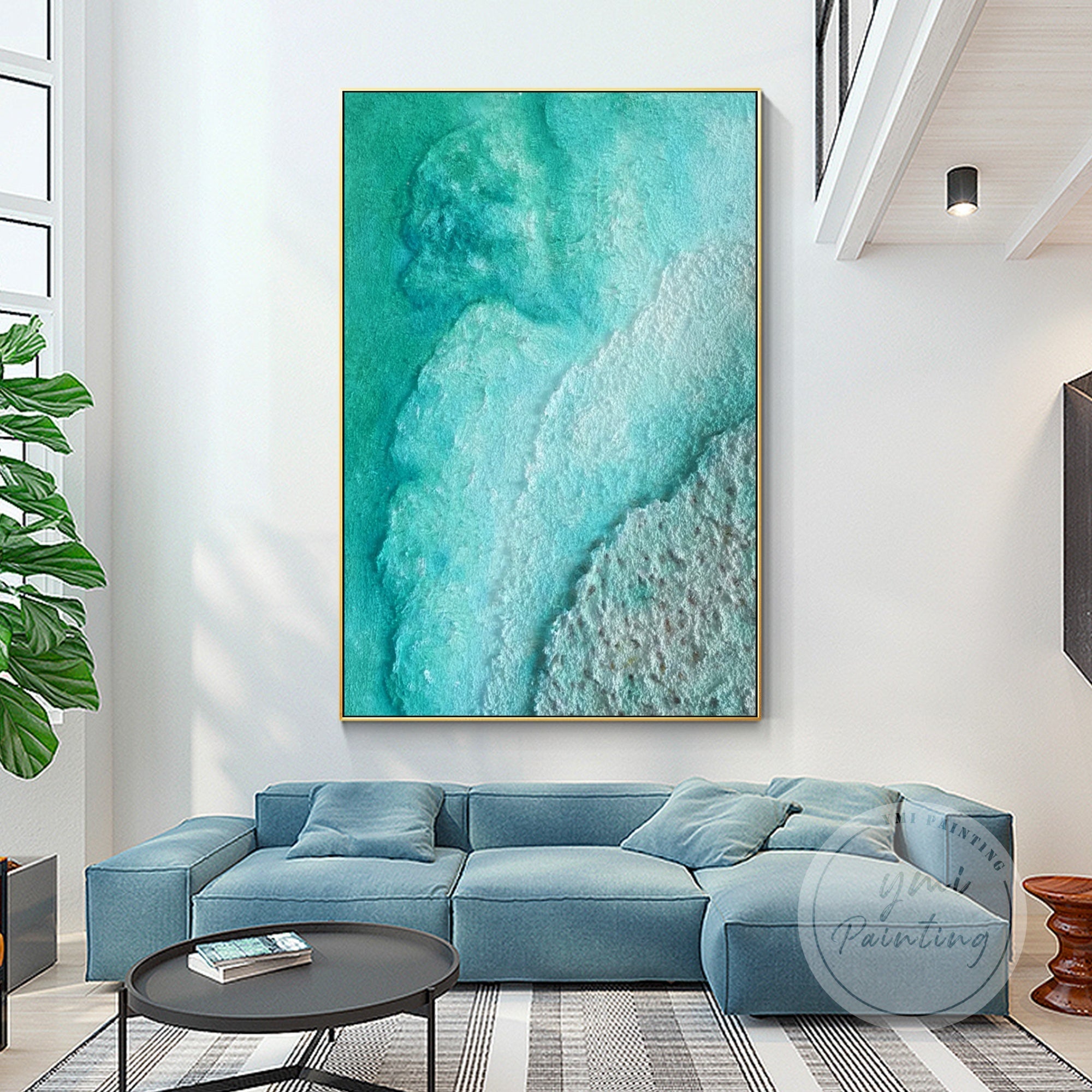Original oil painting of the sea with textured sand, featuring shades of turquoise green and teal, creating a dynamic yet soothing coastal scene.