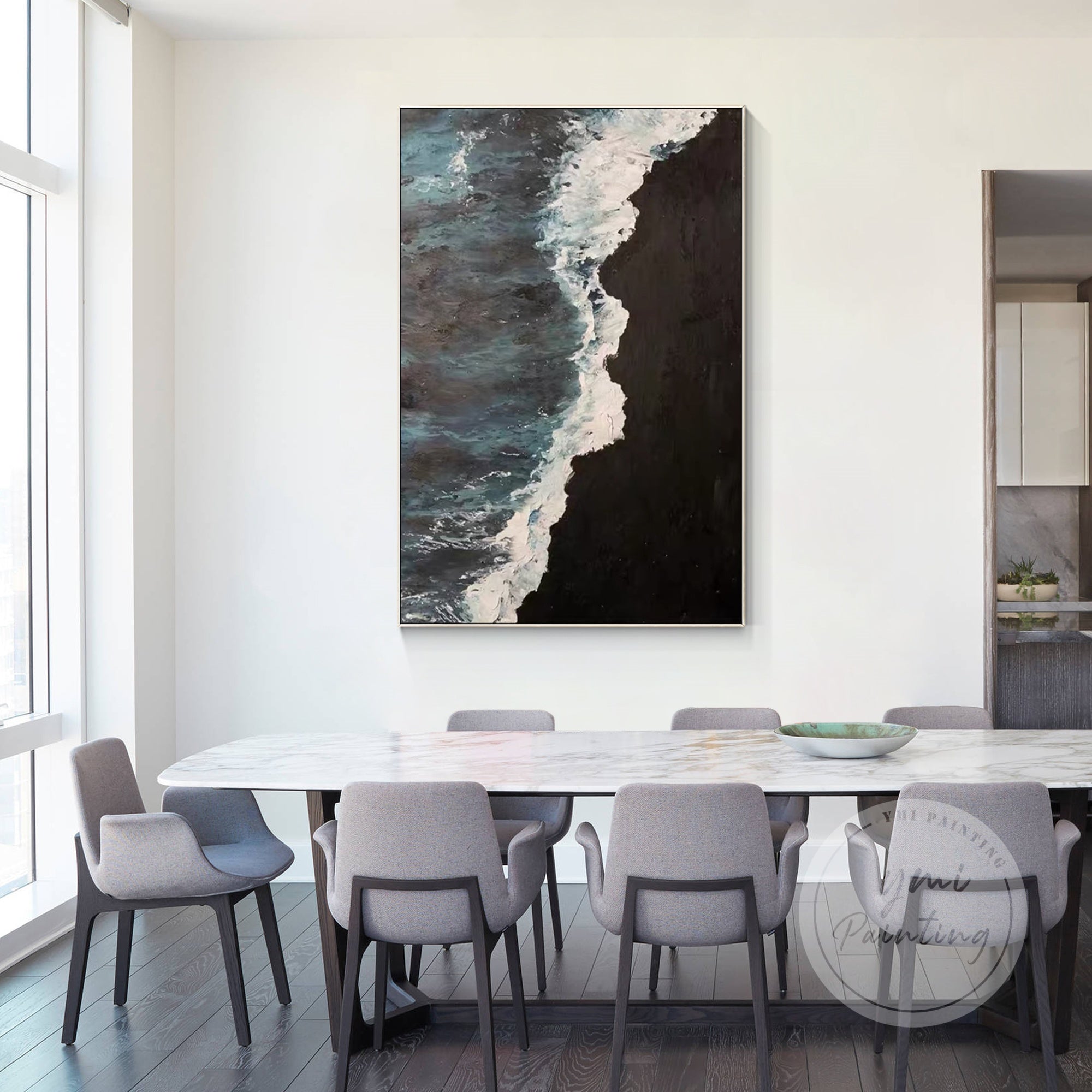 Large framed seascape wall art showcasing moody coastal tones and dramatic waves.