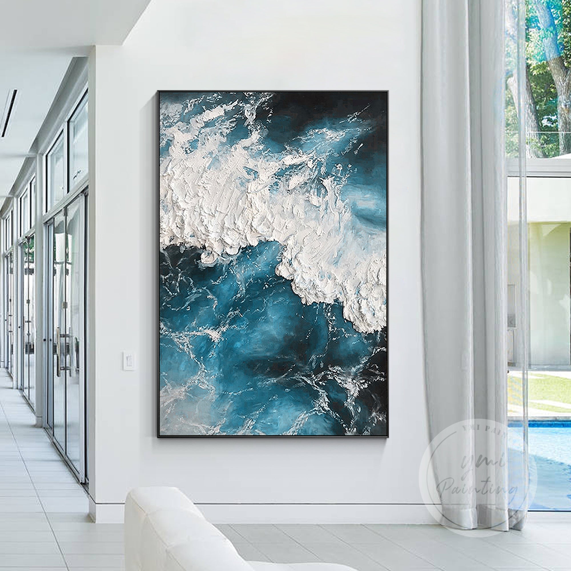 Teal blue ocean painting with white sea waves, a 3D textured coastal artwork.