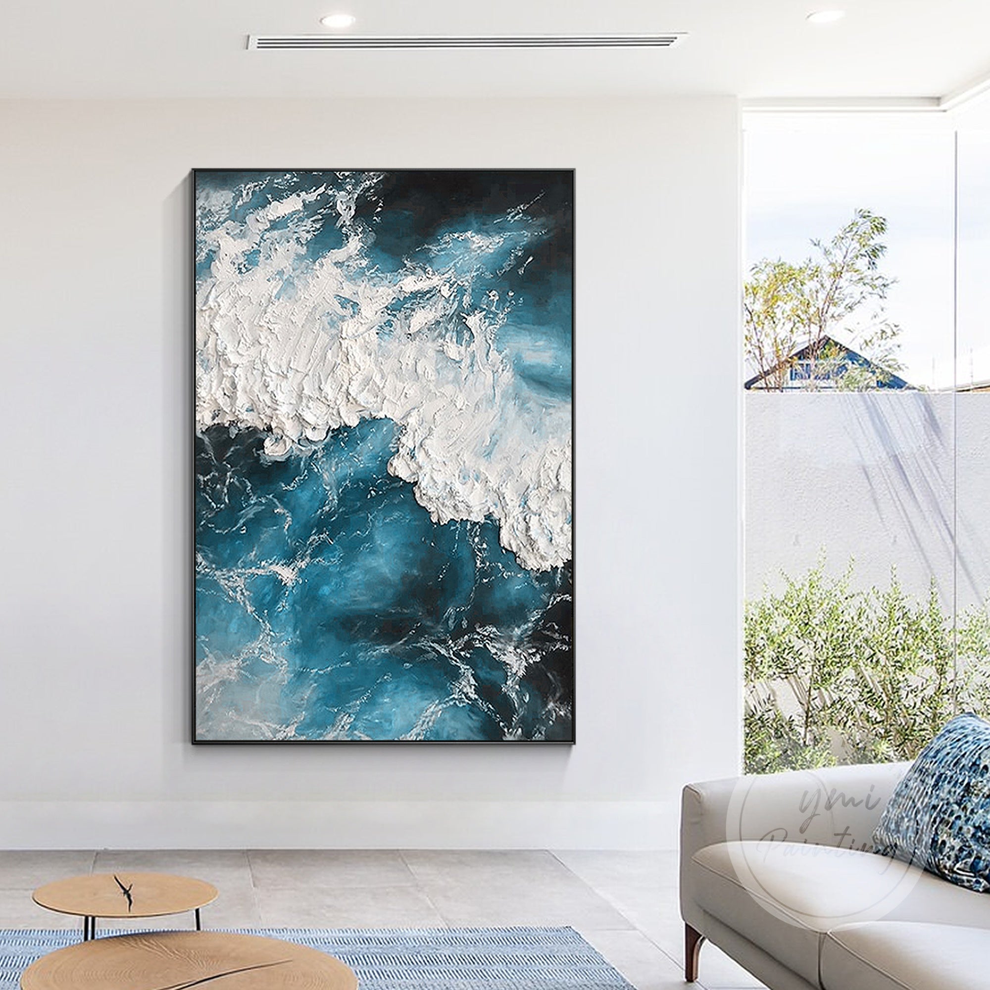 Large framed abstract seascape painting featuring riptide movement and thick texture.