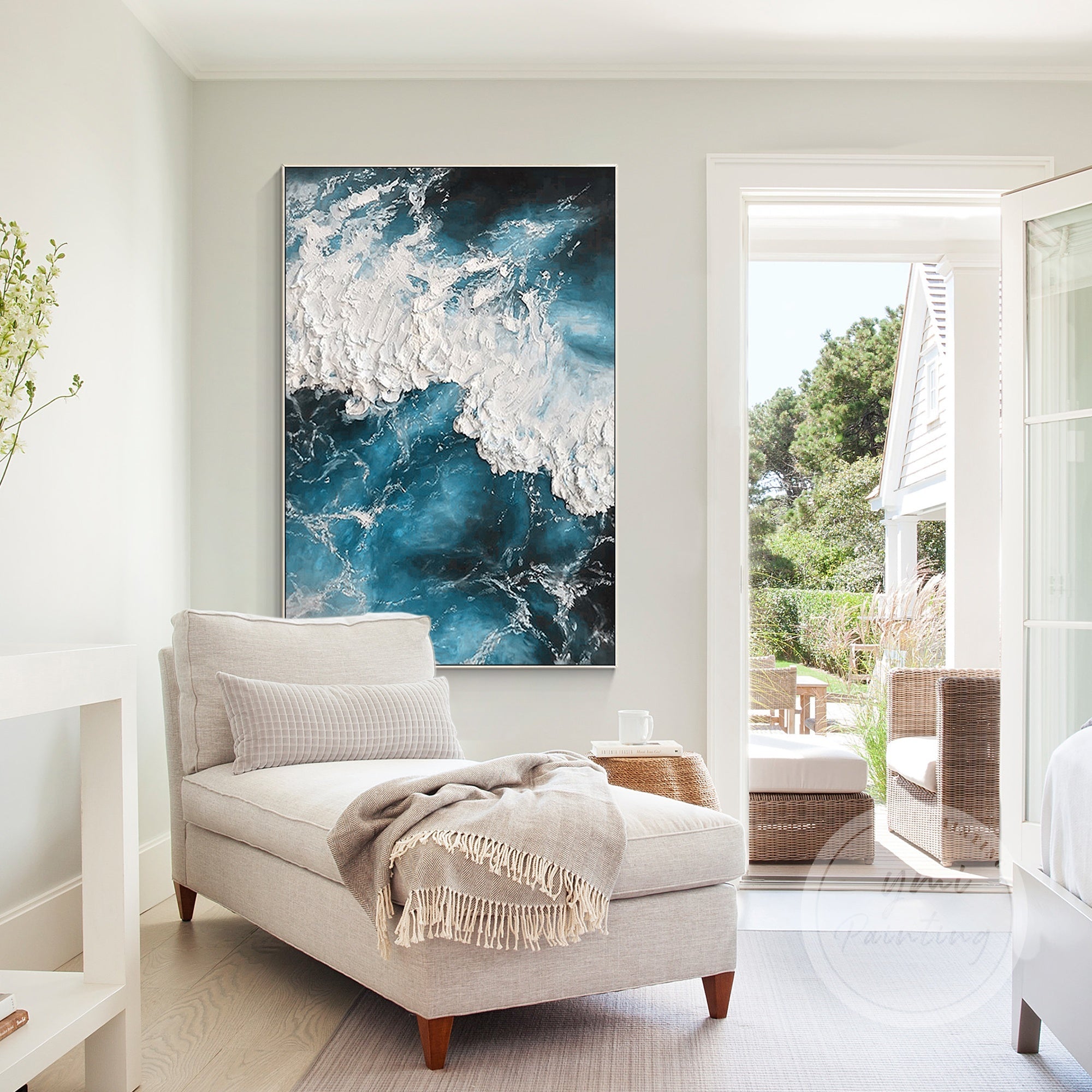 Impressionist-style ocean art with dynamic waves in shades of blue and white.