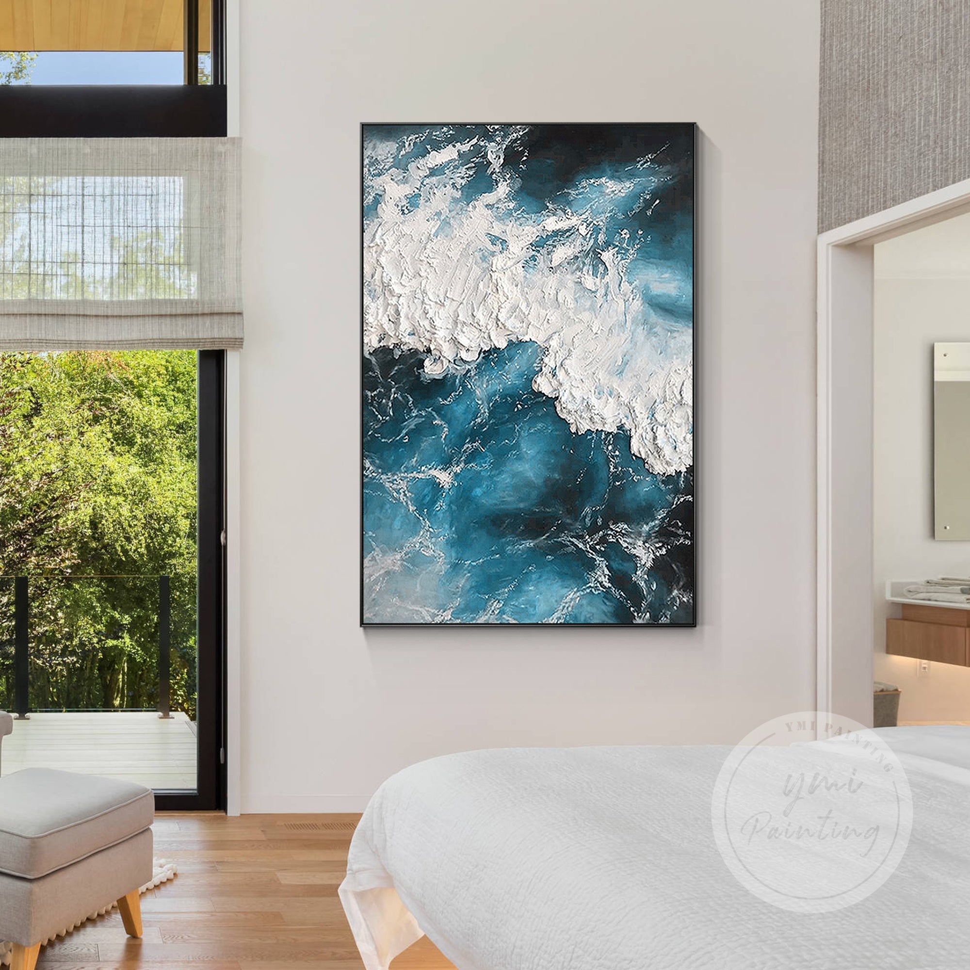Modern textured painting capturing the beauty of ocean waves with thick acrylic strokes.