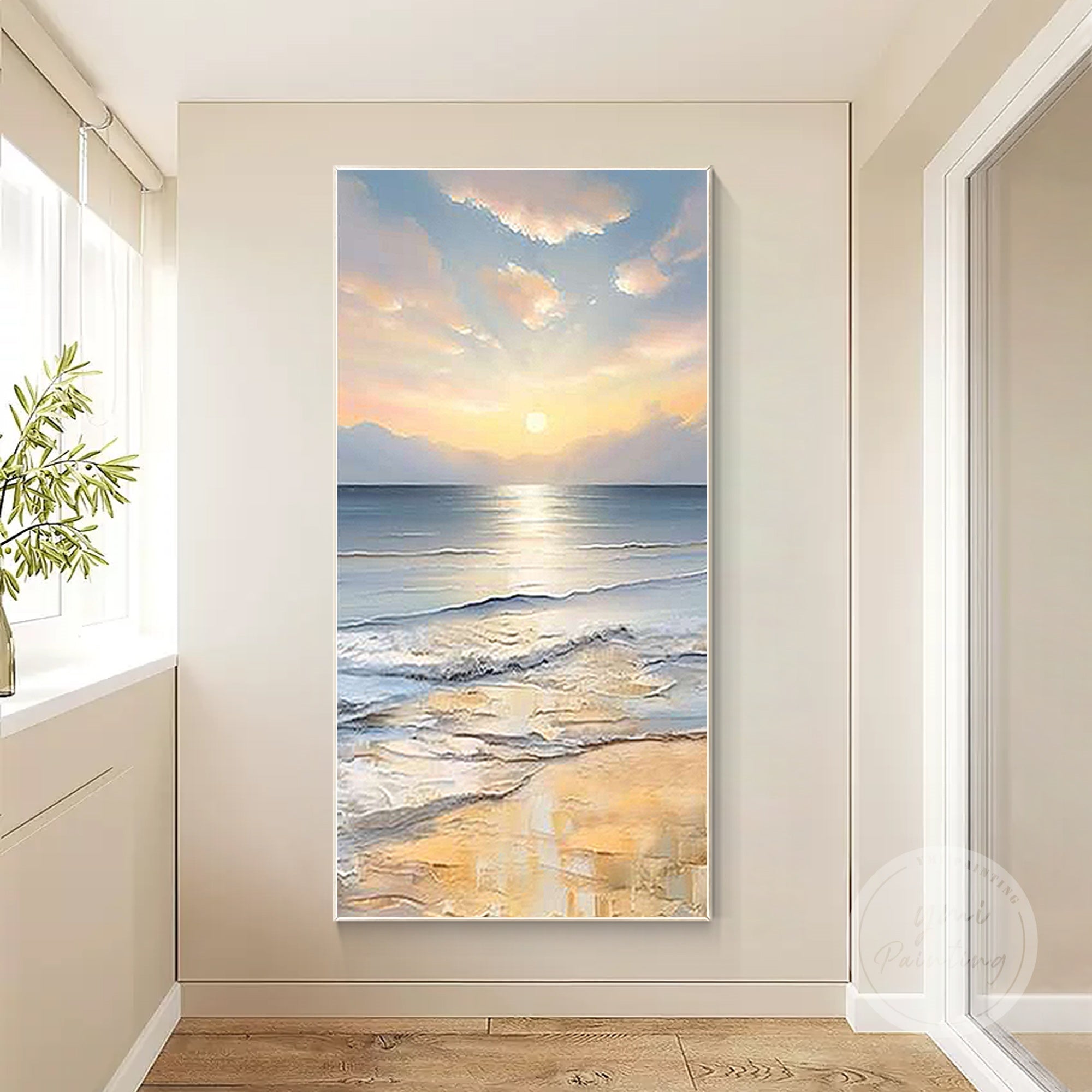 Large Light Blue Ocean Wave Painting with Textured Acrylics, framed for modern beach-themed wall decor.