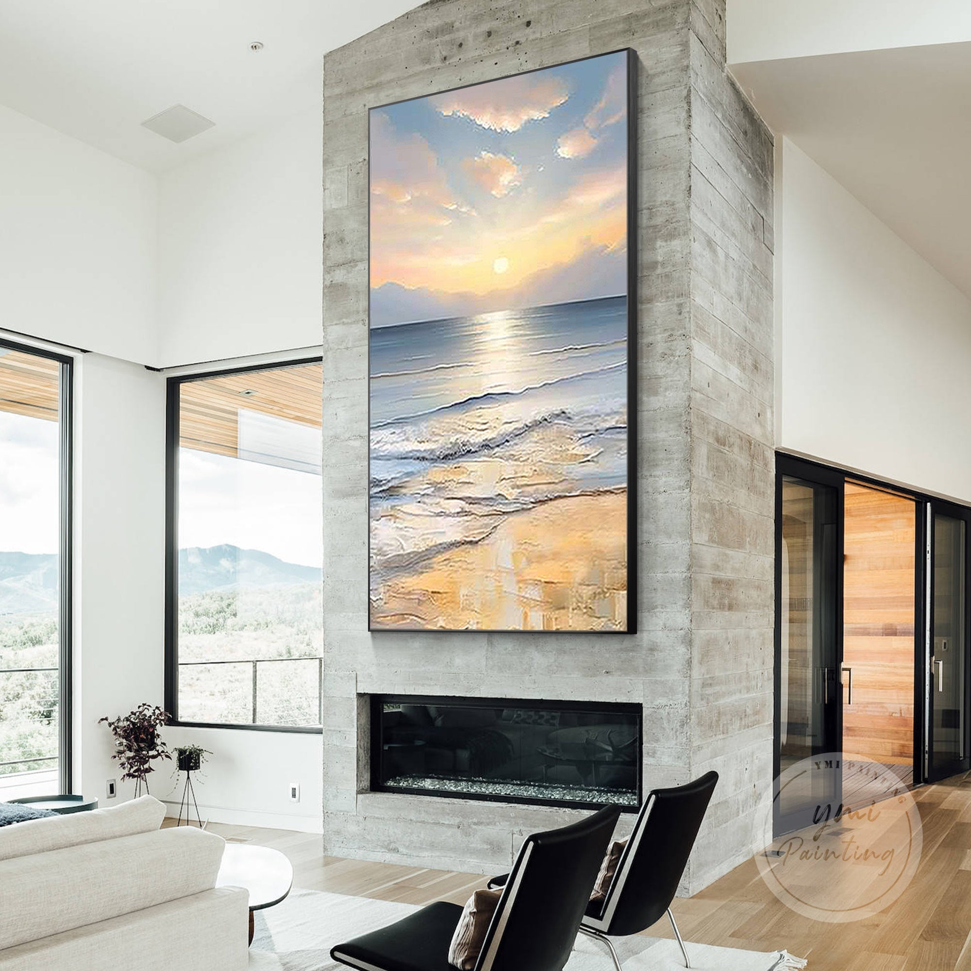 Textured Sea Wall Art featuring crashing light blue waves and subtle yellow sunlight reflections.