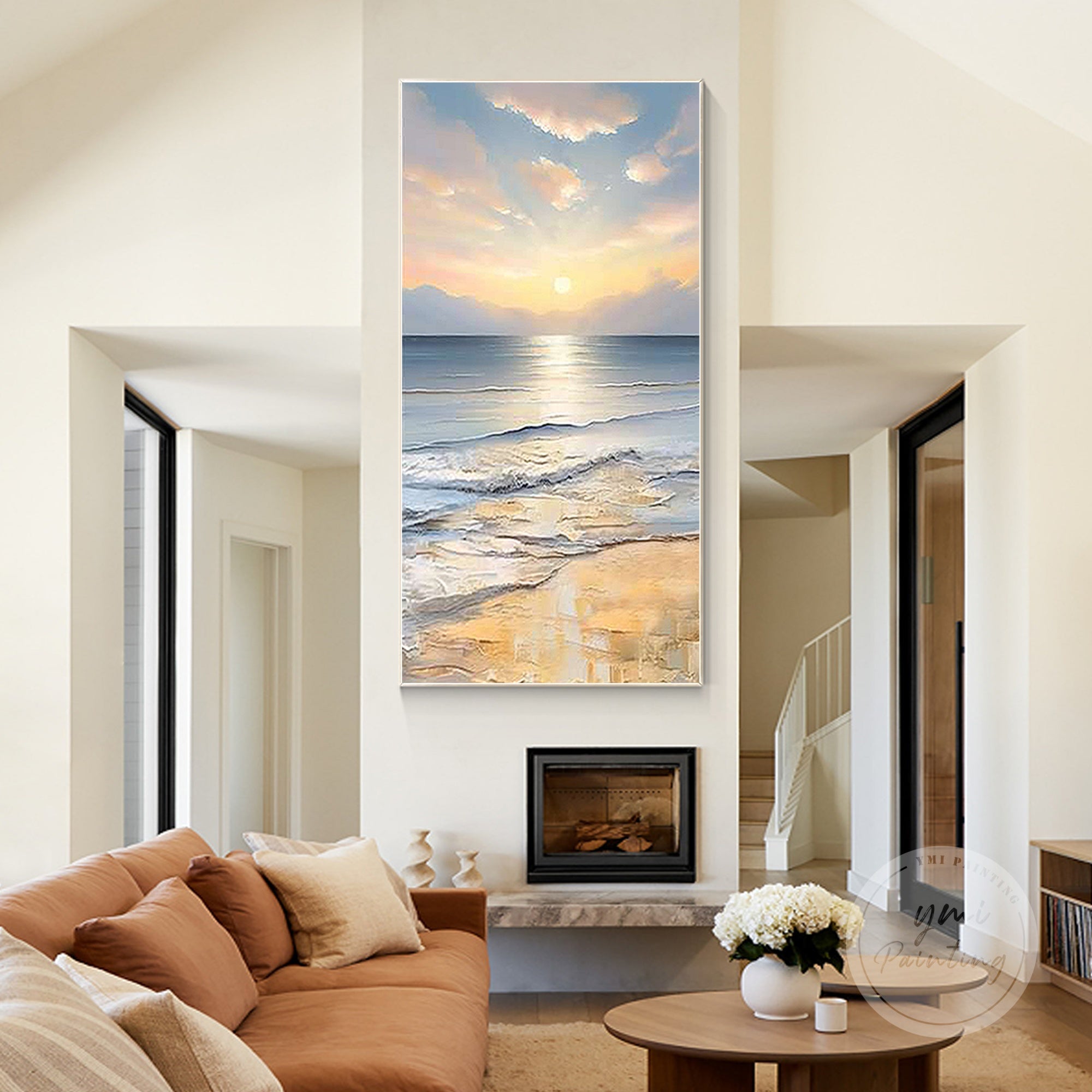 Hand-Painted Ocean Painting in a calm palette of light blue, white, and soft yellow, framed for elegance.