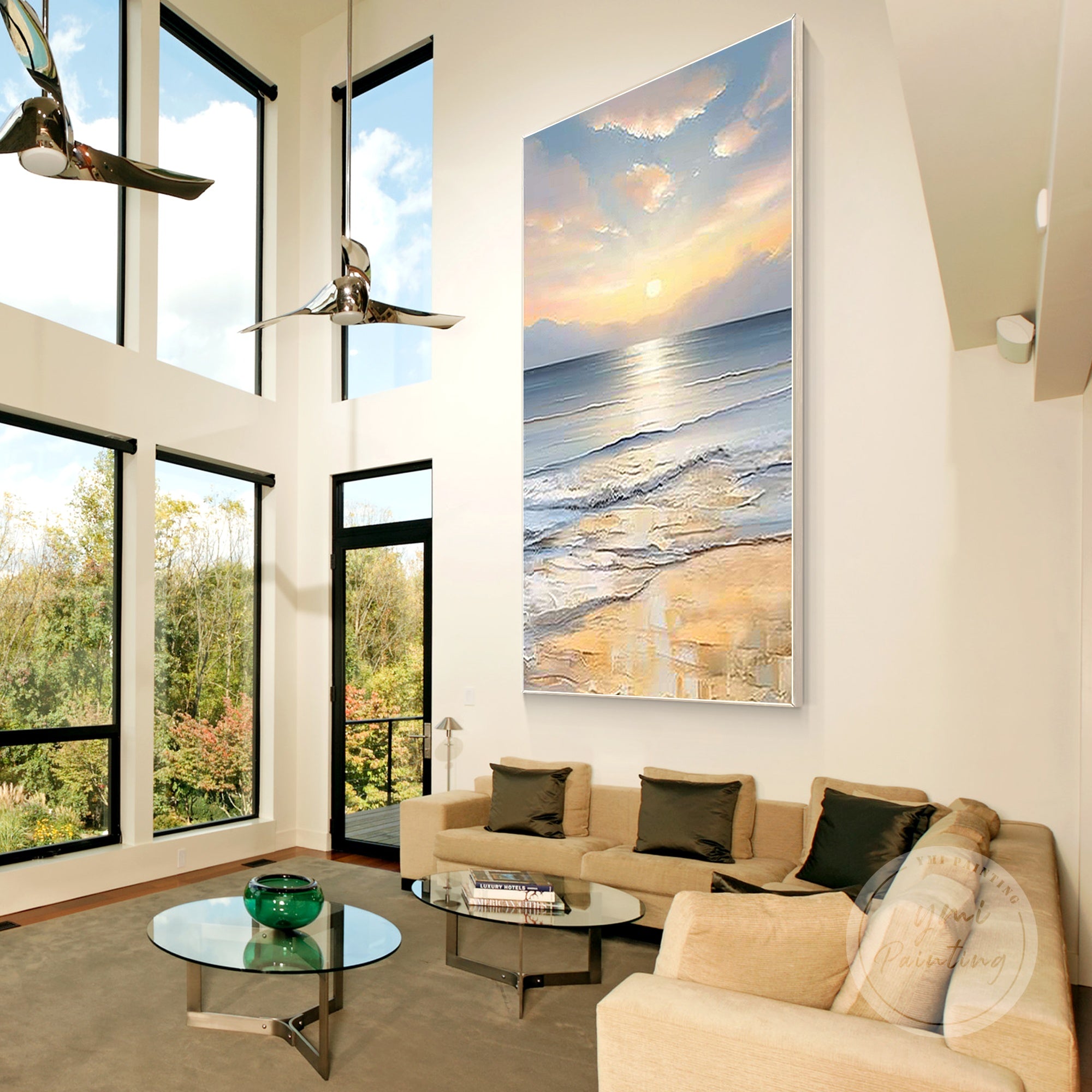 Coastal Inspired Sea Painting with textured acrylic waves, soft pastel colors, and a tranquil mood.