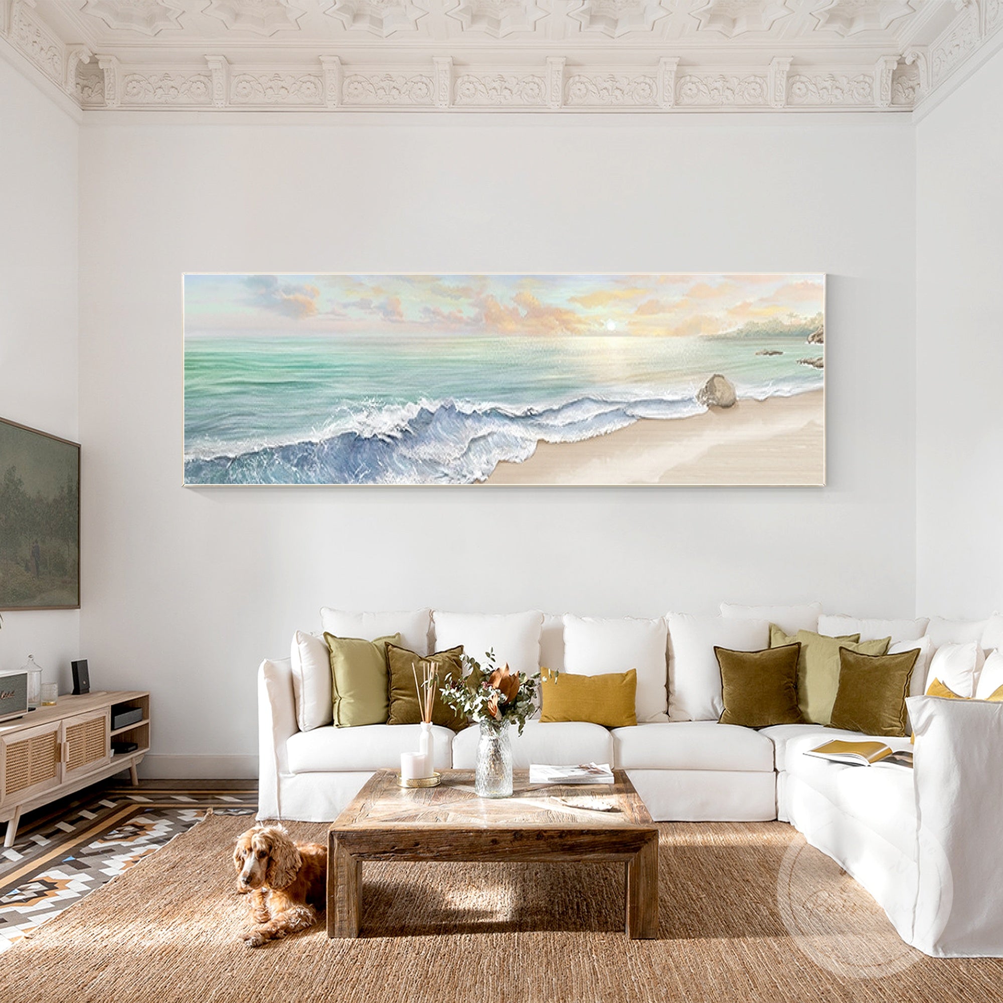 Abstract ocean painting in blue and teal, framed wall art for modern interiors.