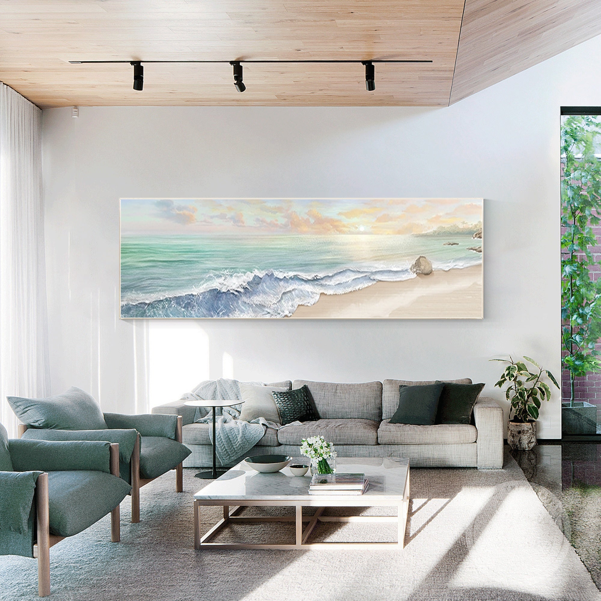Teal and blue ocean wall art capturing serene beach waves and movement.